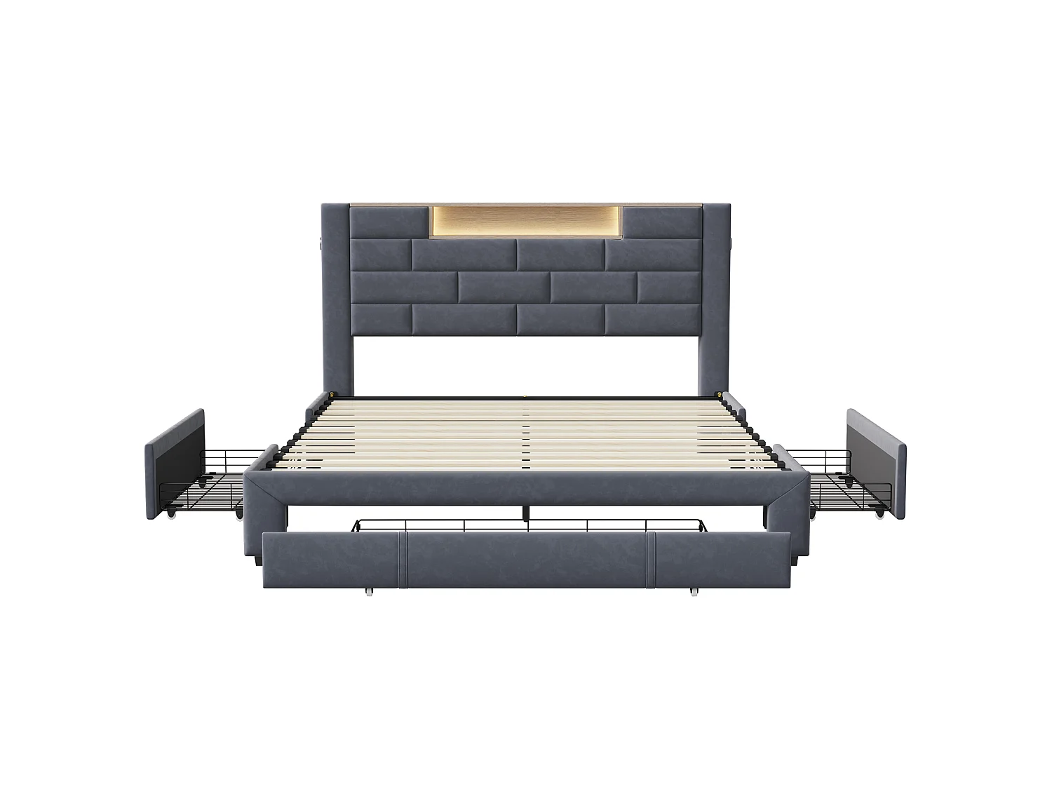 Lit adulte 140x200 cm en velours gris - Lit avec sommier à lattes, tête de lit avec rangements intégrés, éclairage LED et ports USB
