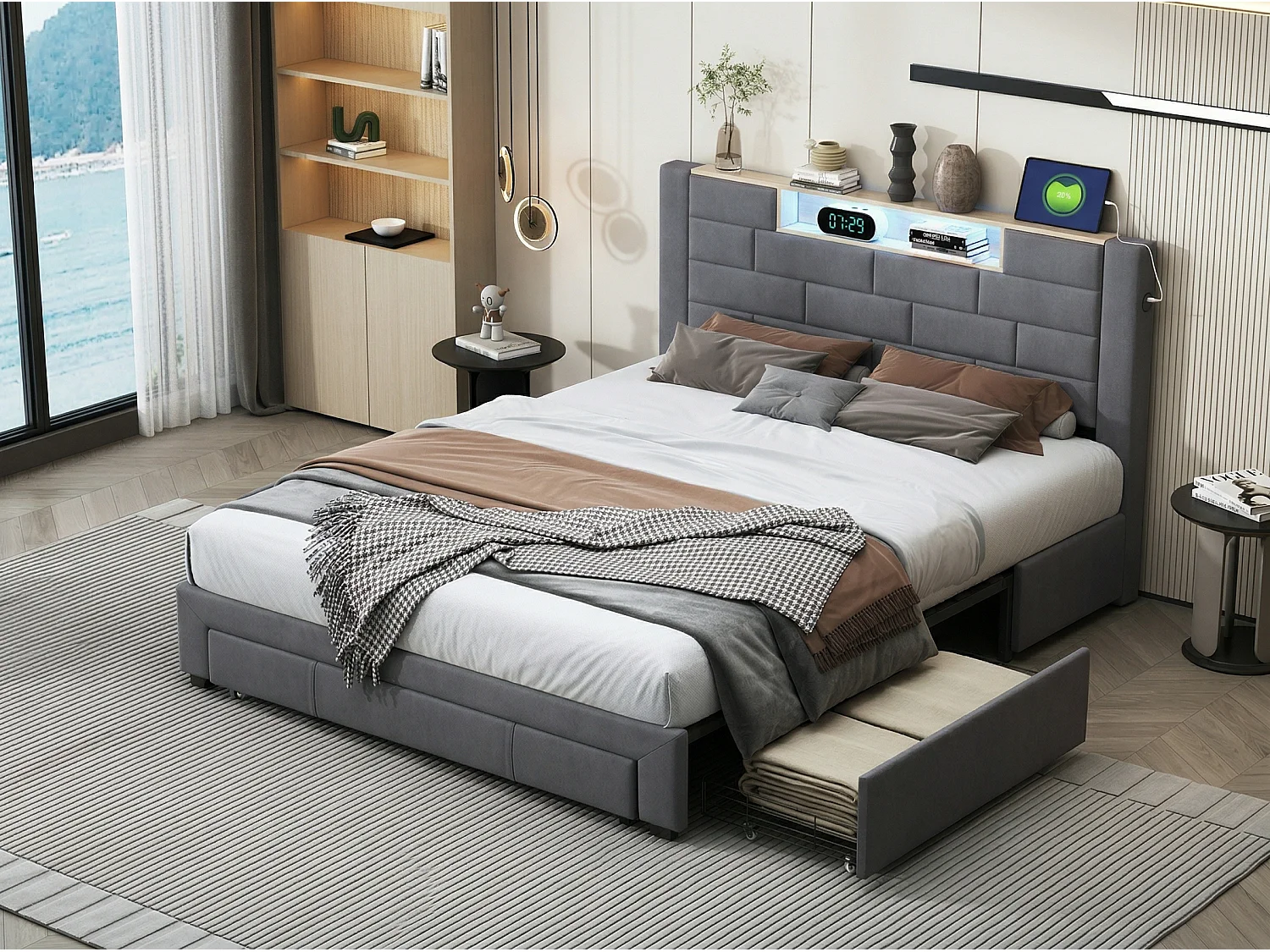 Lit Double Coffre 140x200 cm - Rangement Hydraulique + 3 Tiroirs - Velours Gris - LED 7 Couleurs - USB + Type-C