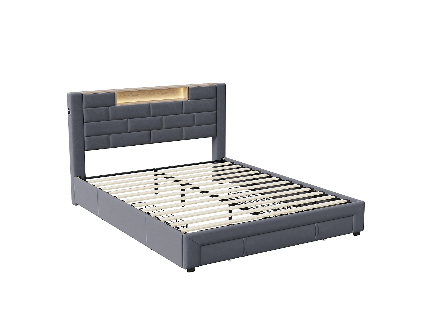 Lit Double Coffre 140x200 cm - Rangement Hydraulique + 3 Tiroirs - Velours Gris - LED 7 Couleurs - USB + Type-C
