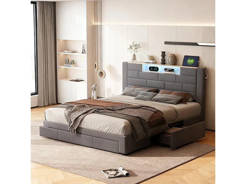 Lit adulte 140x200 cm avec sommier à lattes - lit 140x200 cm avec rangement en tête de lit - LED - USB - lit tiroir 140 x 200 cm - tissu en velours - gris