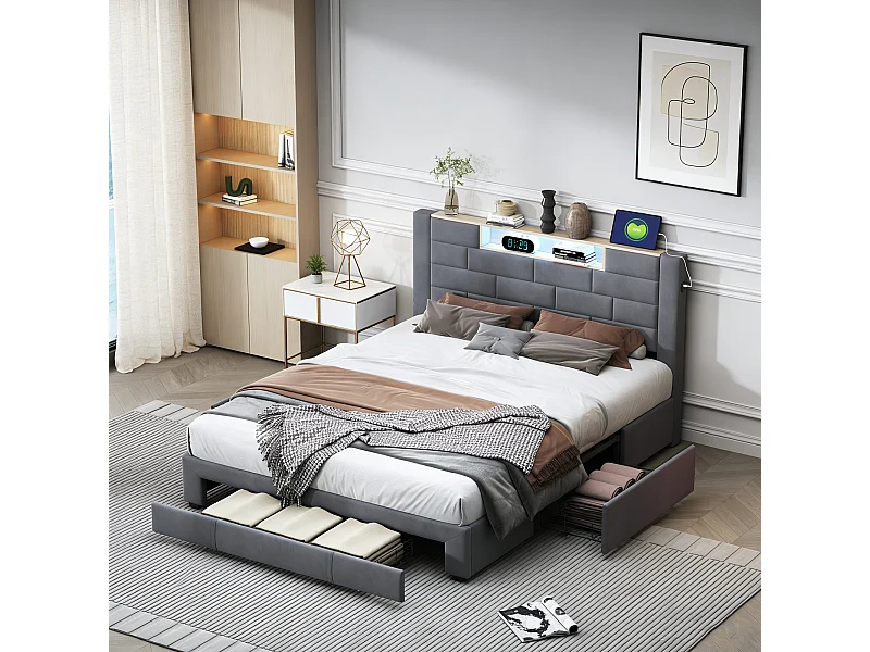 Lit adulte 140x200 cm avec sommier à lattes - lit 140x200 cm avec rangement en tête de lit - LED - USB - lit tiroir 140 x 200 cm - tissu en velours - gris