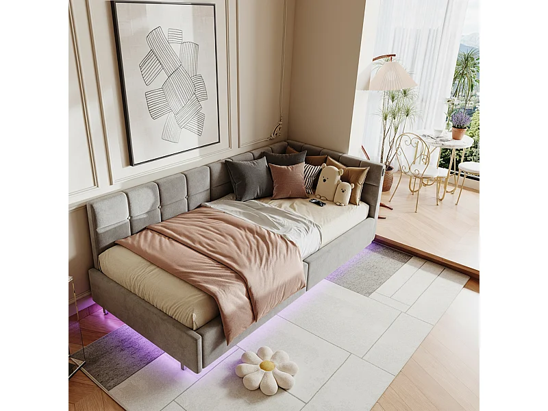 Lit coffre 90x200 avec sommier à lattes, lit 90x200 avec LED, cadre de lit simple 90x200 avec port USB et Type C, tissu en velours, gris