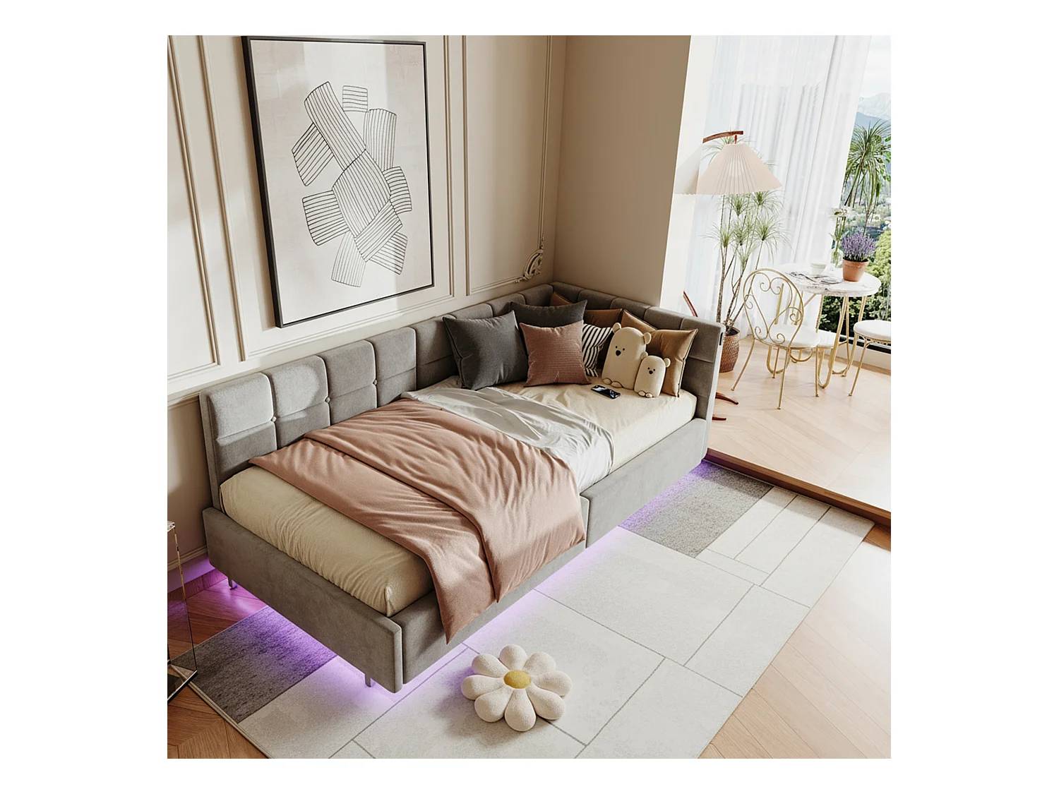 Lit coffre 90x200 avec sommier à lattes, lit 90x200 avec LED, cadre de lit simple 90x200 avec port USB et Type C, tissu en velours, gris