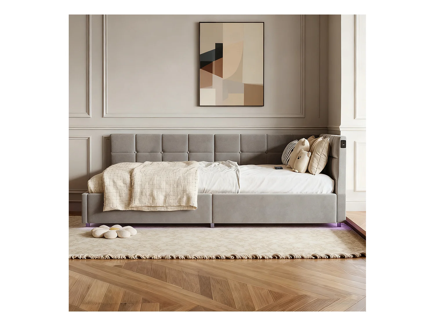 Lit coffre 90x200 avec sommier à lattes, lit 90x200 avec LED, cadre de lit simple 90x200 avec port USB et Type C, tissu en velours, gris