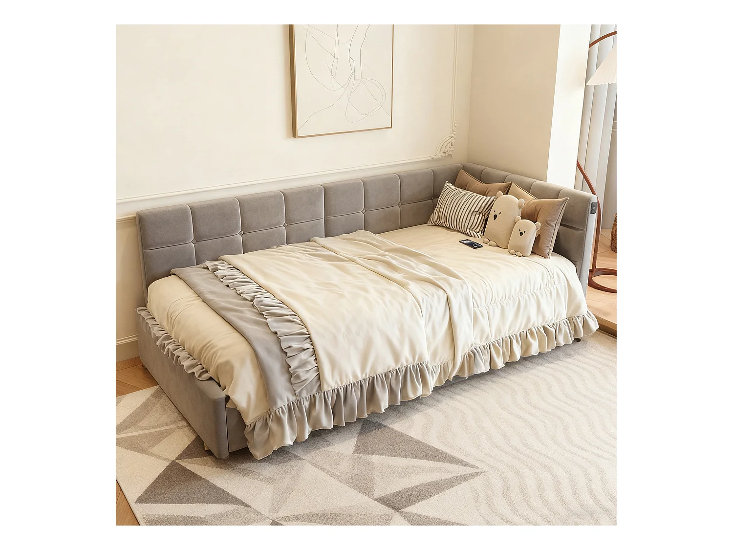 Lit coffre 90x200 avec sommier à lattes, lit 90x200 avec LED, cadre de lit simple 90x200 avec port USB et Type C, tissu en velours, gris