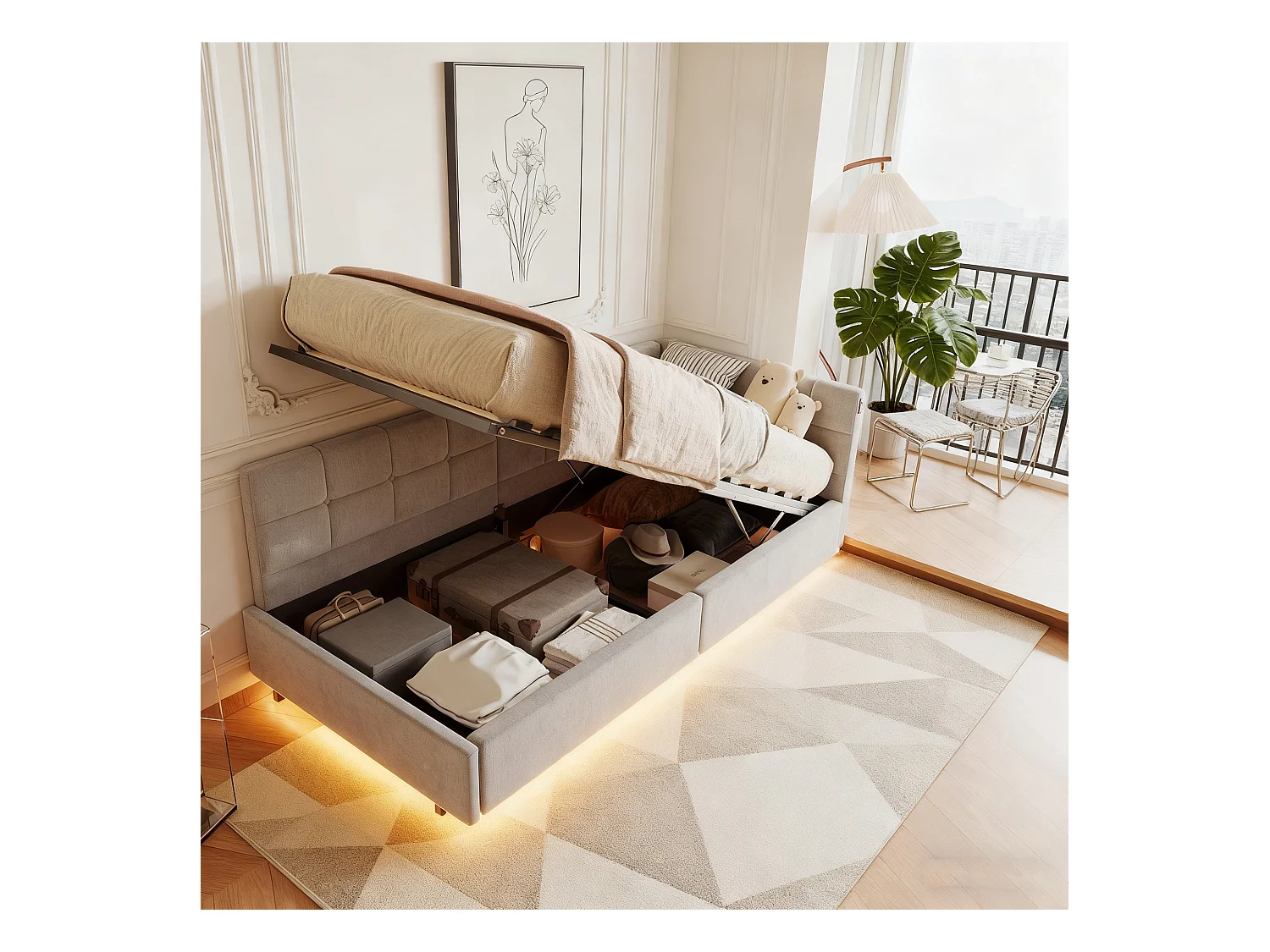 Lit coffre 90x200 avec sommier à lattes, lit 90x200 avec LED, cadre de lit simple 90x200 avec port USB et Type C, tissu en velours, gris