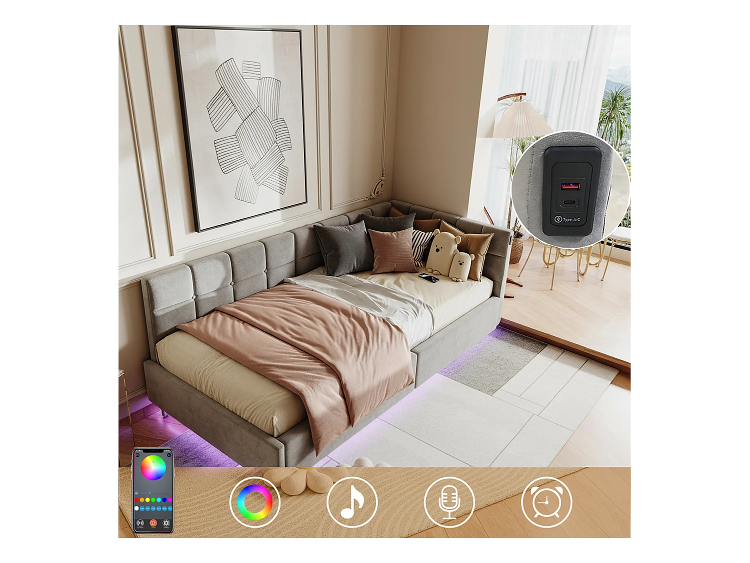 Lit coffre 90x200 avec sommier à lattes, lit 90x200 avec LED, cadre de lit simple 90x200 avec port USB et Type C, tissu en velours, gris