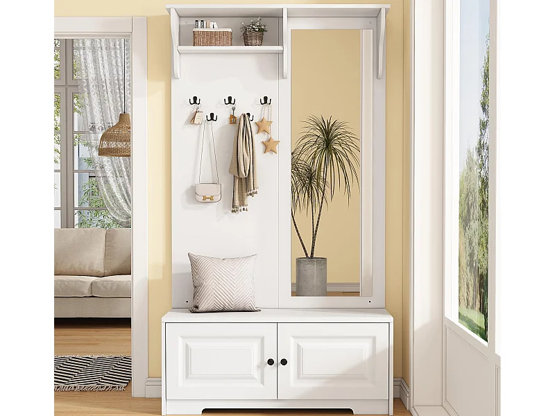 Ensemble vestiaire d'entrée 100x40x180cm - avec miroir et 5 patères - 2 portes - avec meuble à chaussures et étagères - Blanc