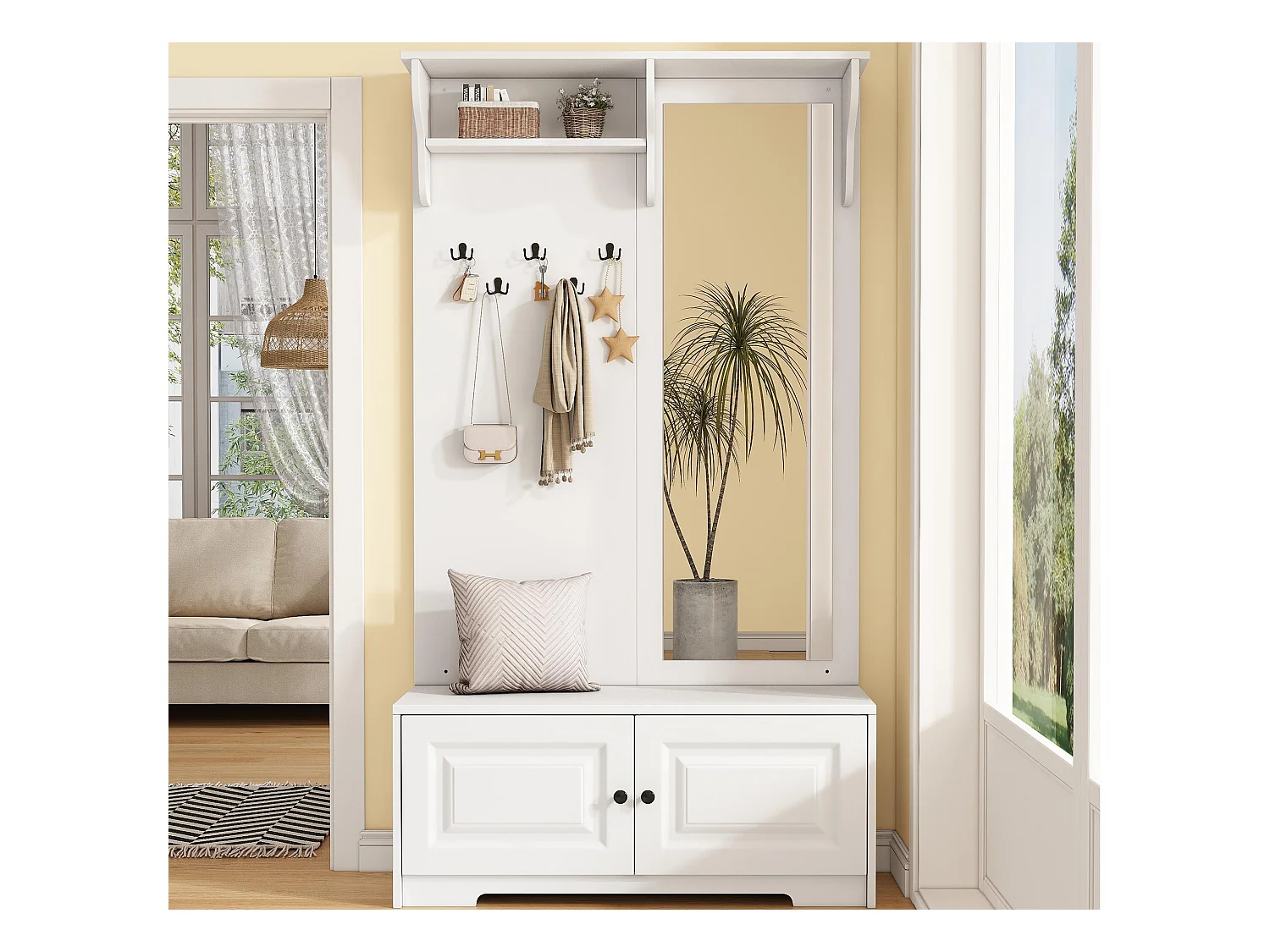 Ensemble vestiaire d'entrée 100x40x180cm - avec miroir et 5 patères - 2 portes - avec meuble à chaussures et étagères - Blanc