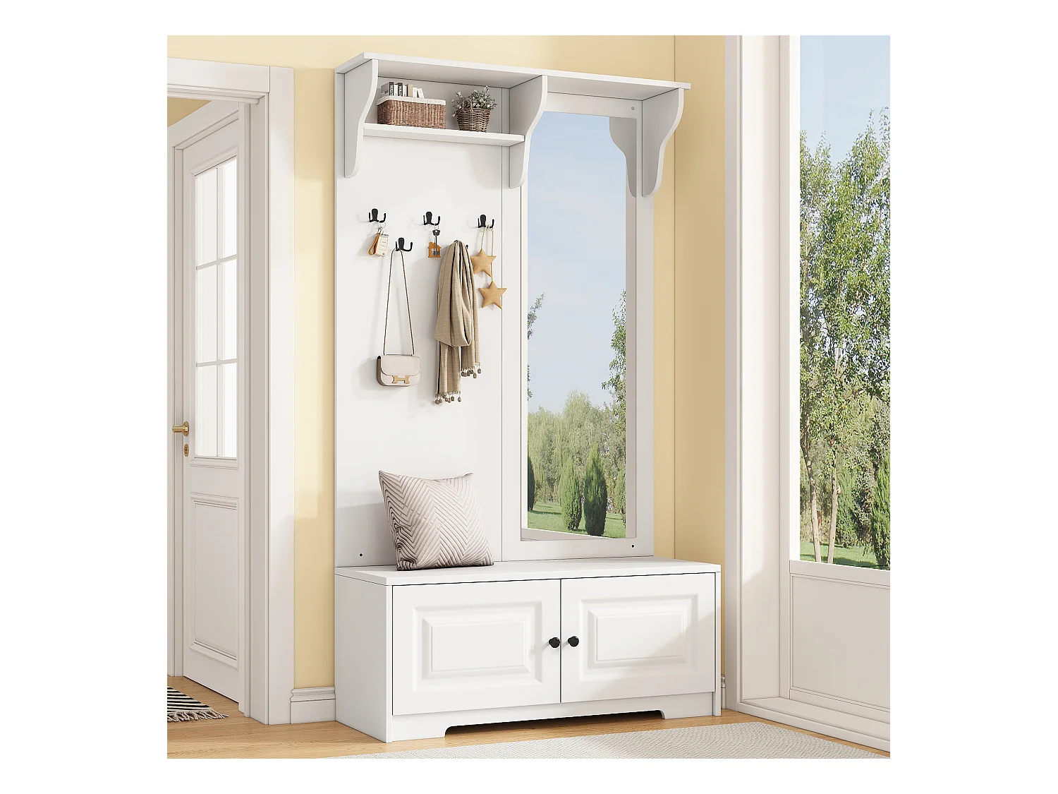 Ensemble vestiaire d'entrée 100x40x180cm - avec miroir et 5 patères - 2 portes - avec meuble à chaussures et étagères - Blanc