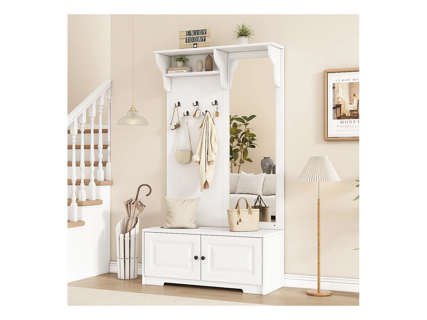 Ensemble vestiaire d'entrée 100x40x180cm - avec miroir et 5 patères - 2 portes - avec meuble à chaussures et étagères - Blanc