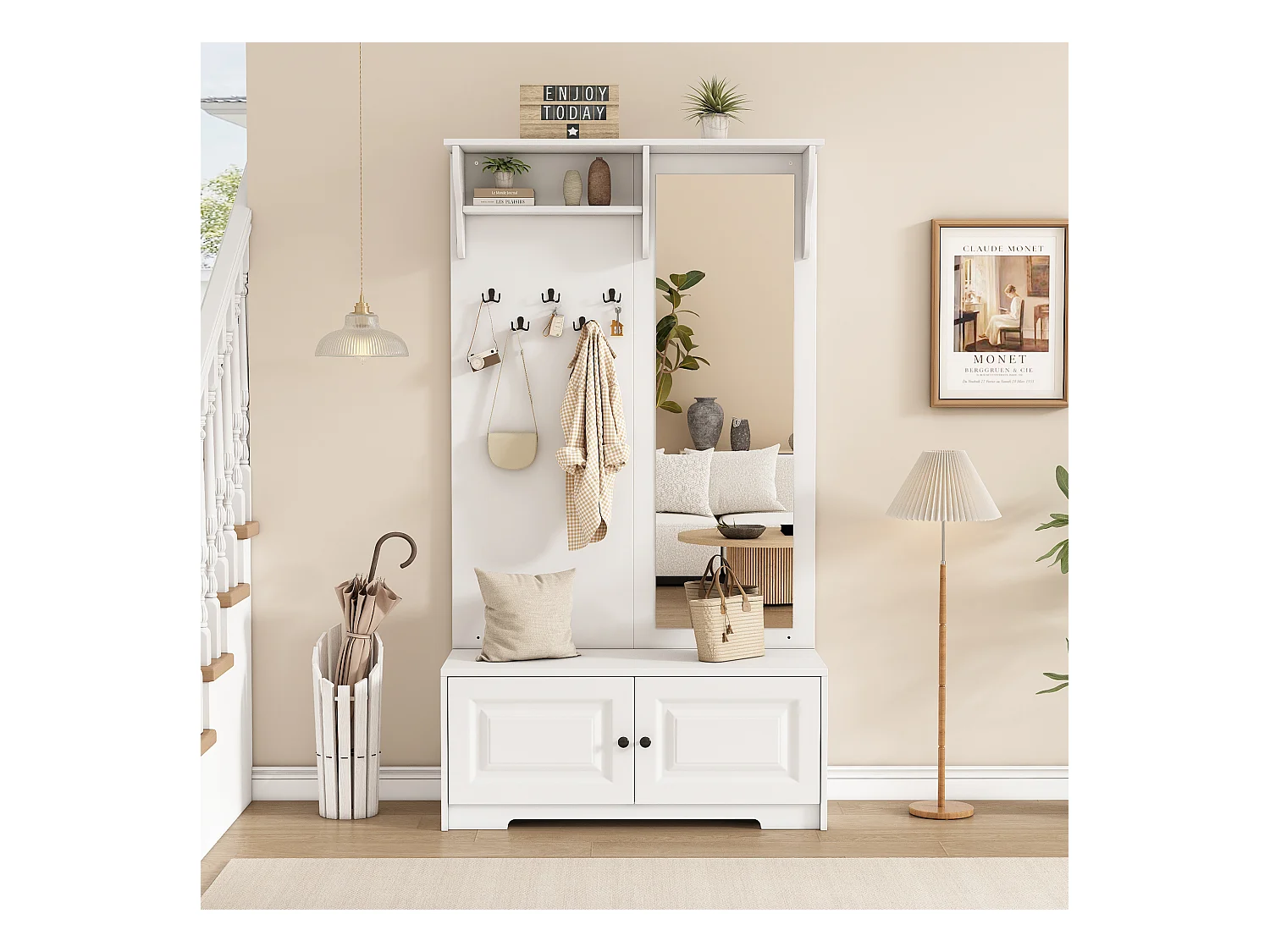 Ensemble vestiaire d'entrée 100x40x180cm - avec miroir et 5 patères - 2 portes - avec meuble à chaussures et étagères - Blanc