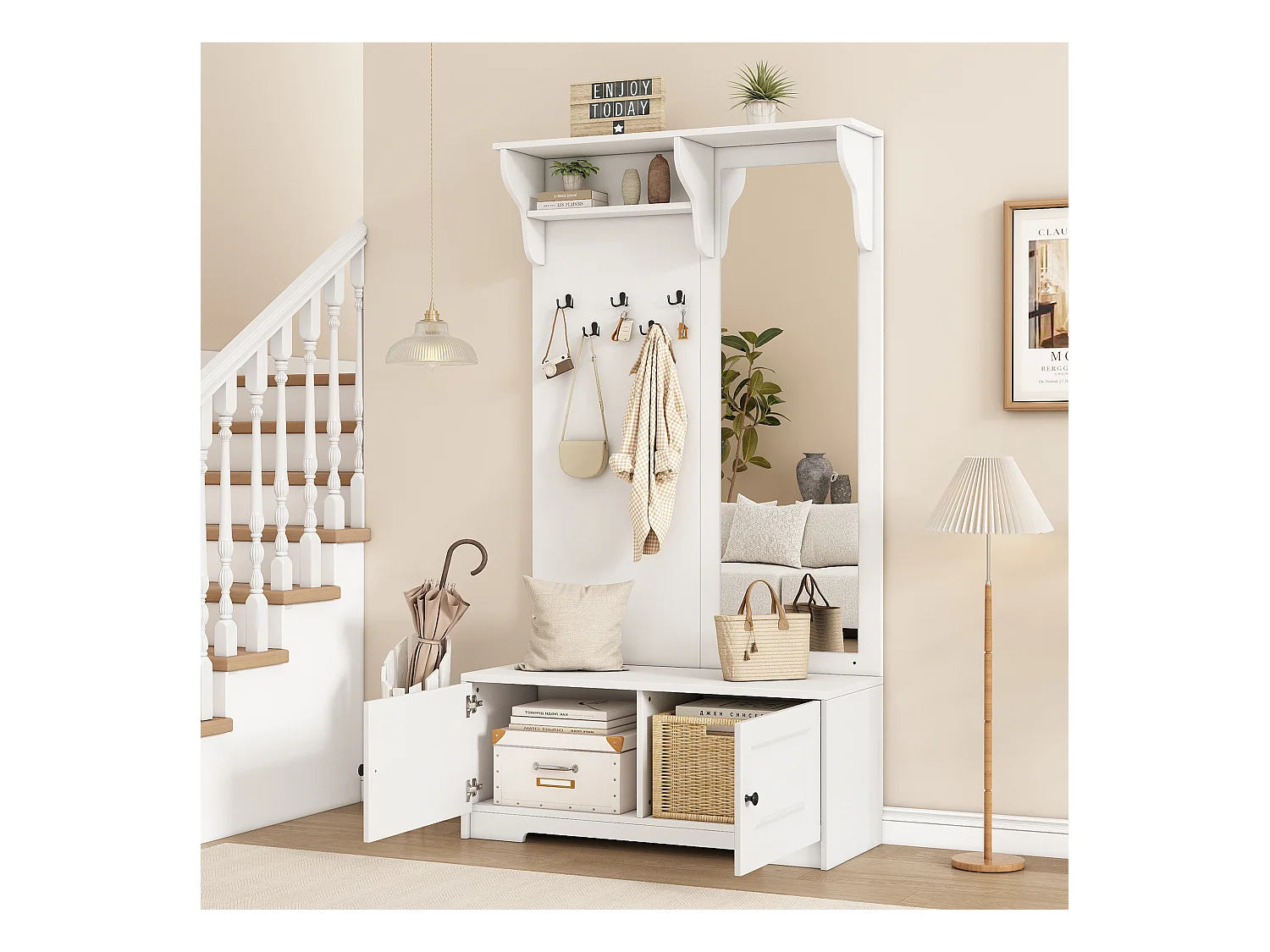 Ensemble vestiaire d'entrée 100x40x180cm - avec miroir et 5 patères - 2 portes - avec meuble à chaussures et étagères - Blanc