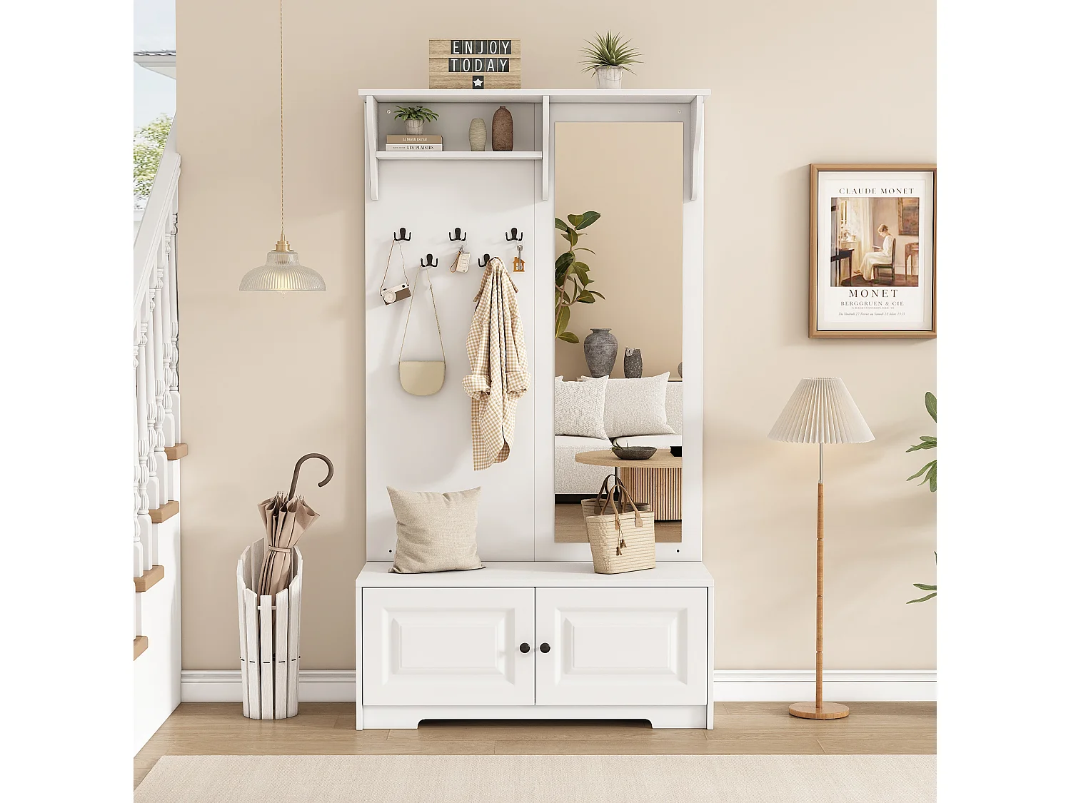 Garderobeset voor hal 100x40x180 cm - met spiegel en 5 kapstokken - 2 deuren - met schoenenkast en planken - Wit