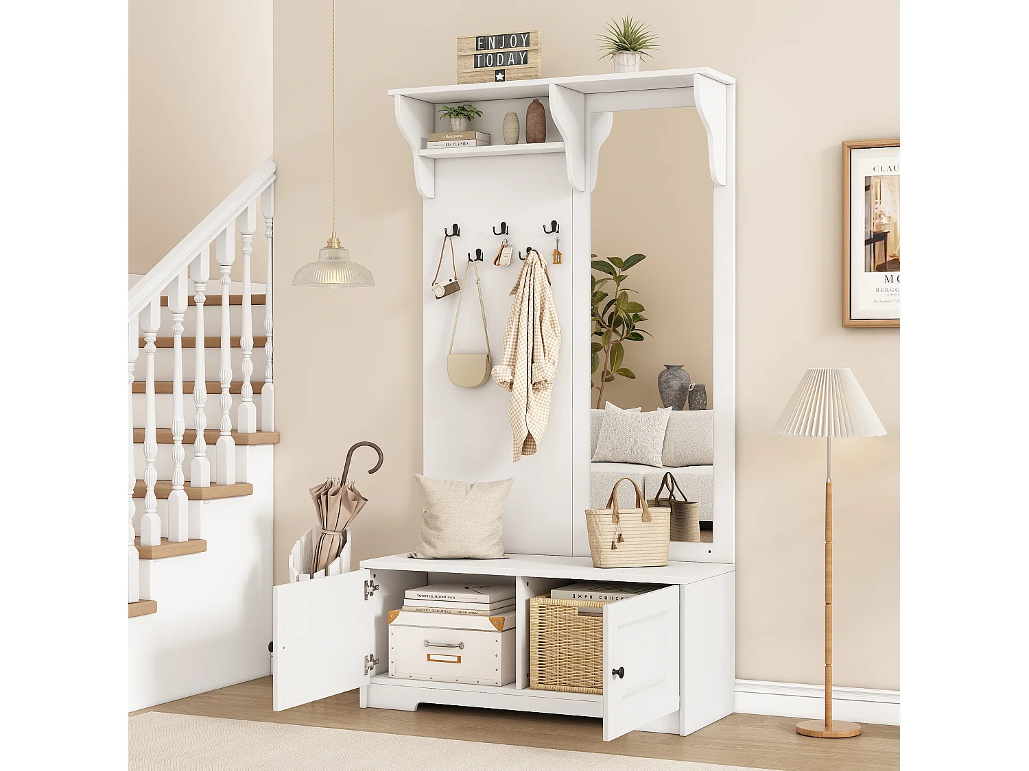 Garderobeset voor hal 100x40x180 cm - met spiegel en 5 kapstokken - 2 deuren - met schoenenkast en planken - Wit