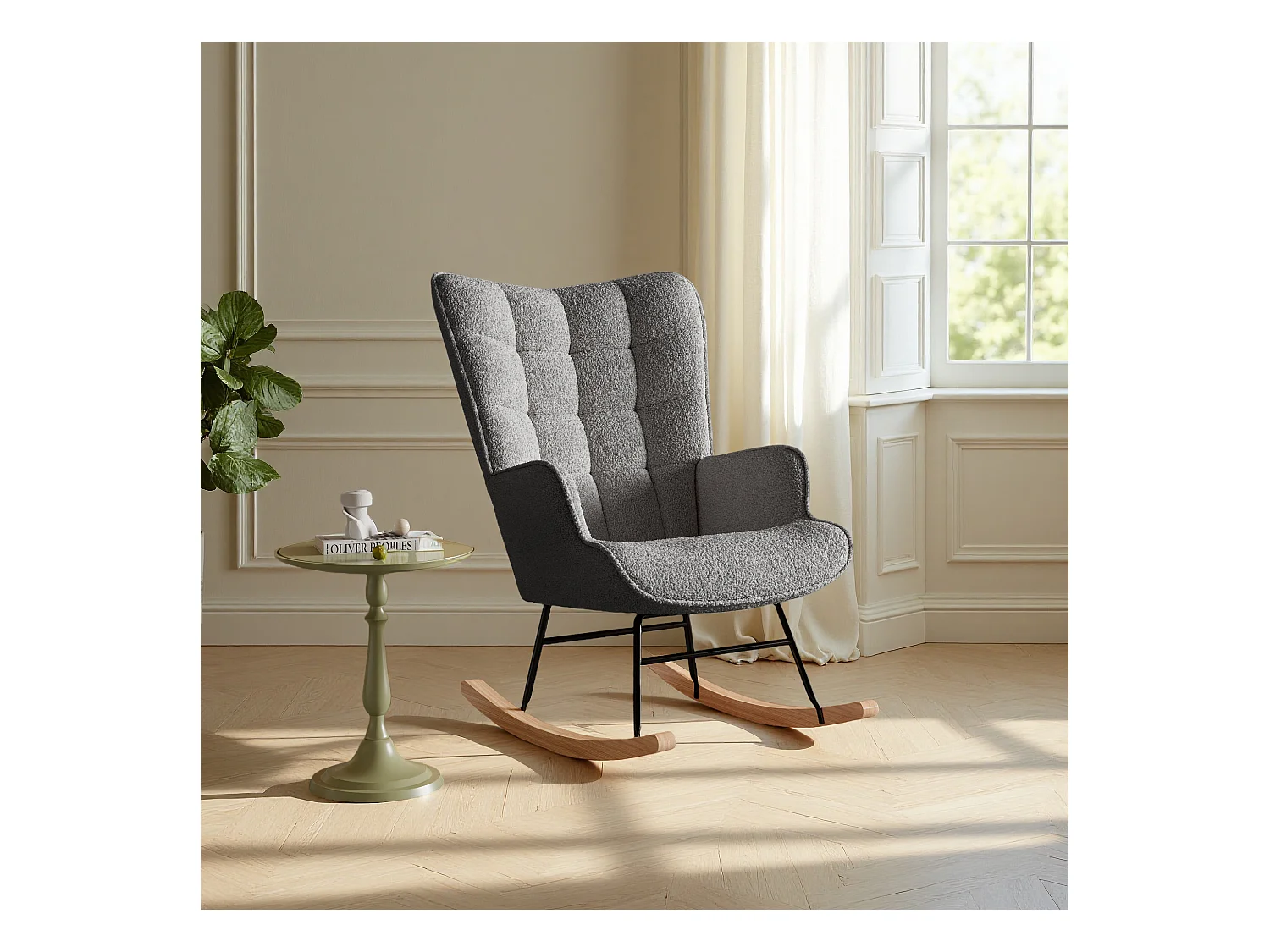 fauteuil à bascule, rocking chair en velours, Scandinave, pied en bois massif, gris