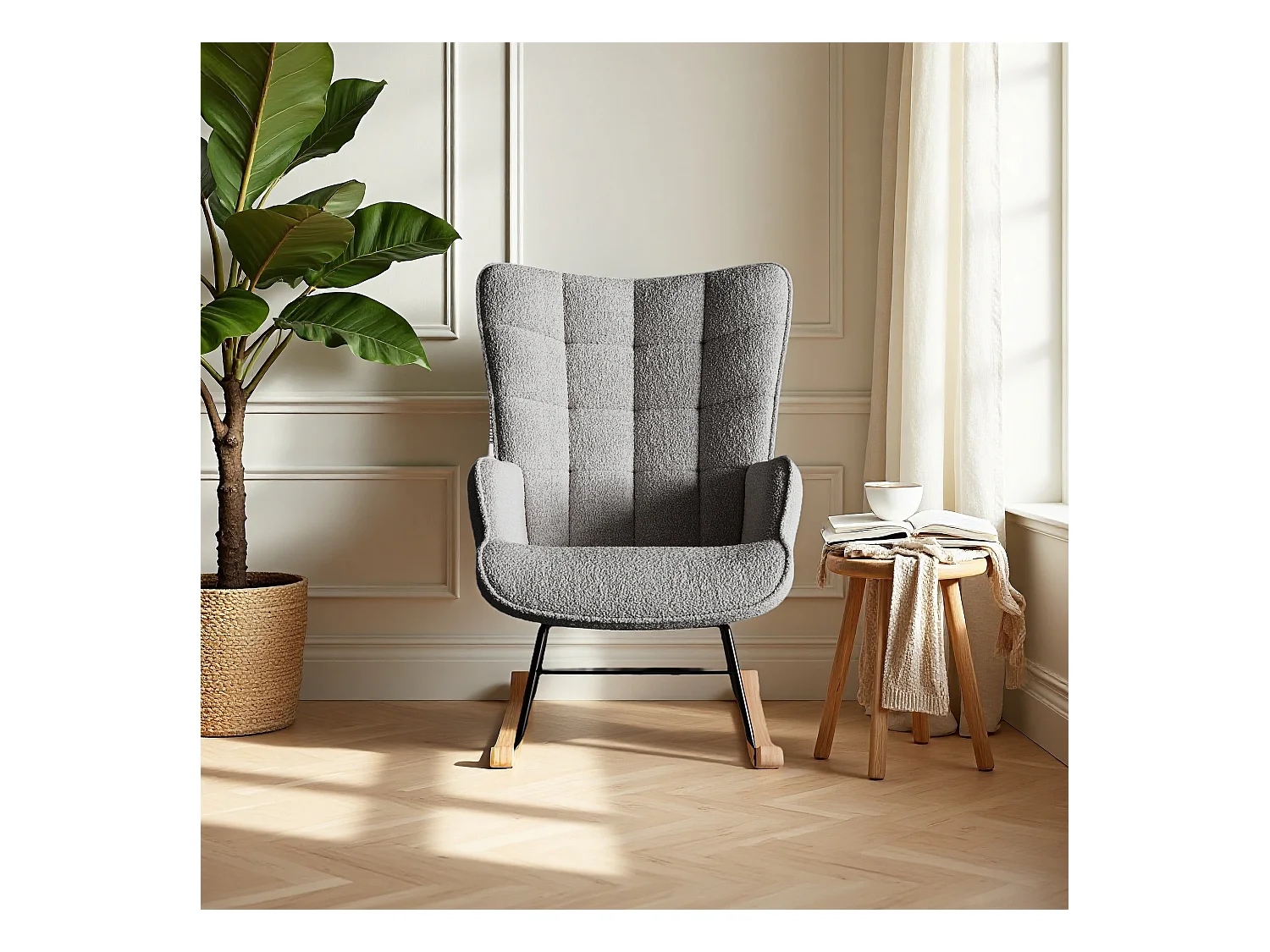 fauteuil à bascule, rocking chair en velours, Scandinave, pied en bois massif, gris