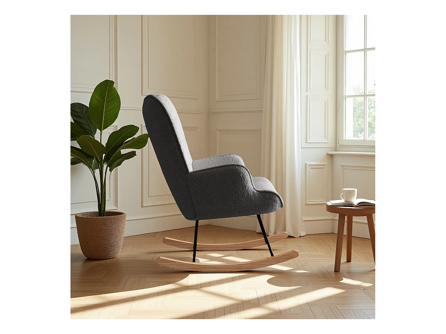 fauteuil à bascule, rocking chair en velours, Scandinave, pied en bois massif, gris
