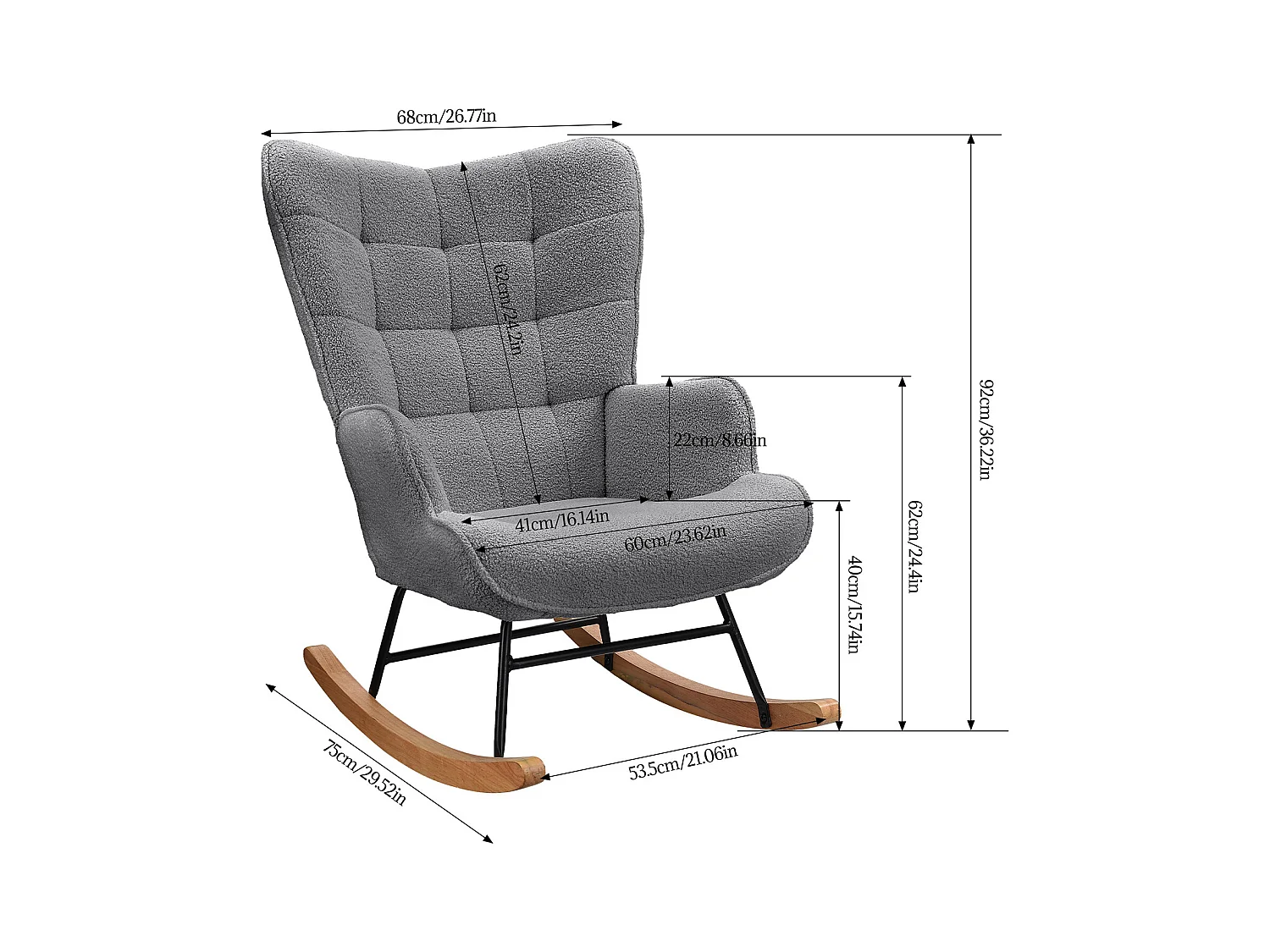 fauteuil à bascule, rocking chair en velours, Scandinave, pied en bois massif, gris