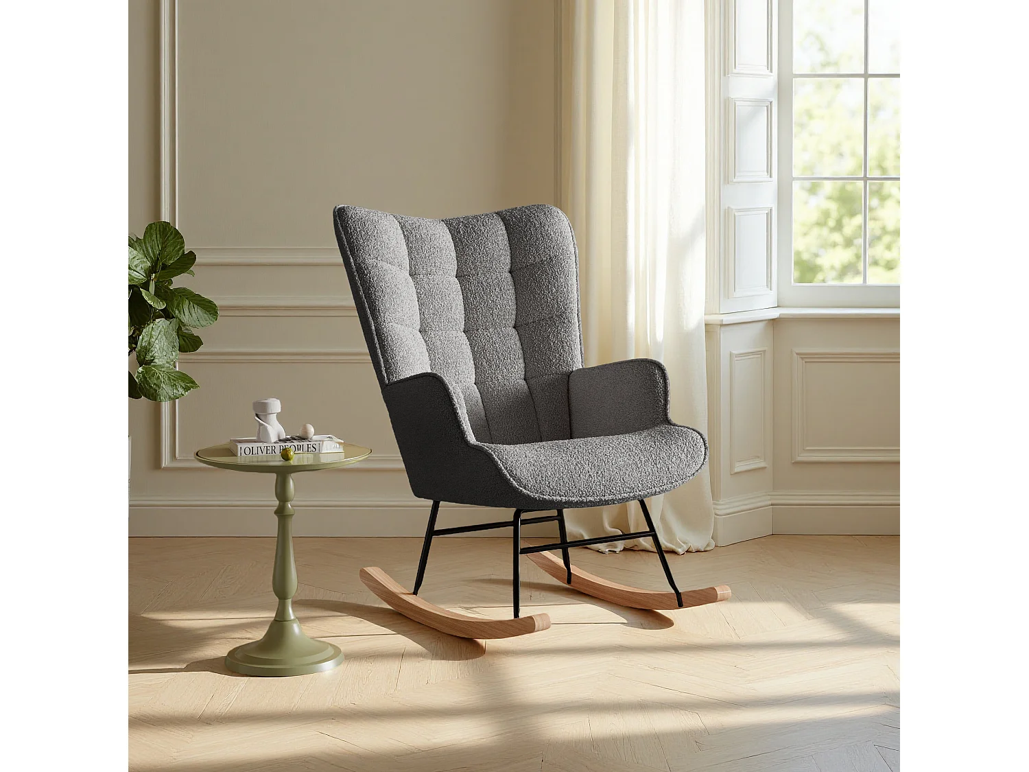 fauteuil à bascule, rocking chair en velours, Scandinave, pied en bois massif, gris