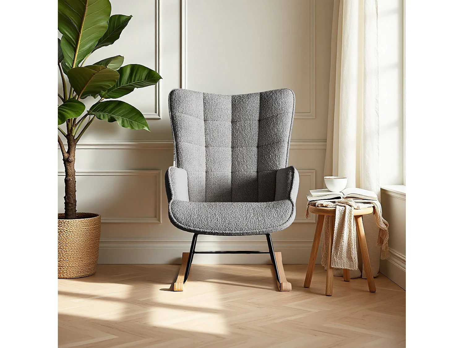 Fauteuil à bascule, rocking chair en velours, Scandinave, pied en bois massif, gris
