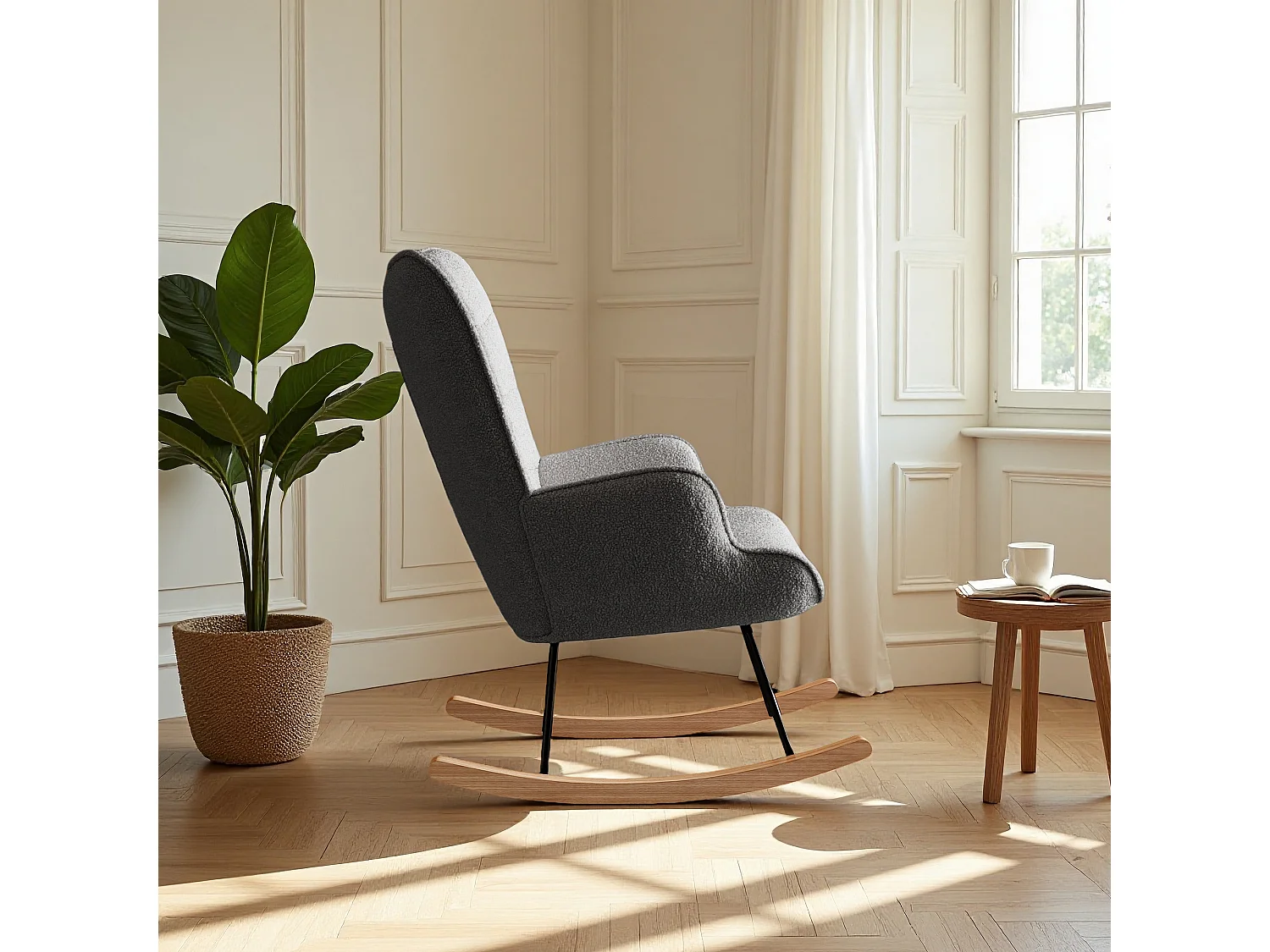 Fauteuil à bascule, rocking chair en velours, Scandinave, pied en bois massif, gris