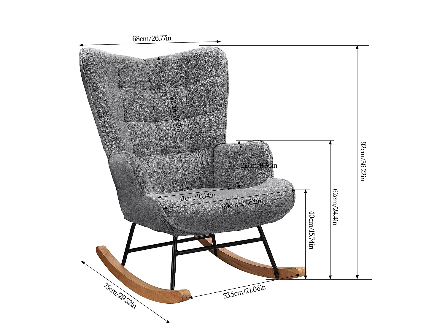 Fauteuil à bascule, rocking chair en velours, Scandinave, pied en bois massif, gris
