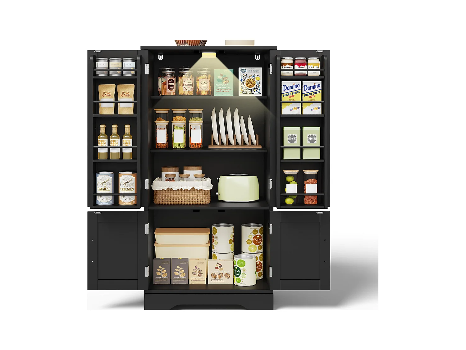 Buffet de cuisine 60x40x120cm - avec capteur de lumière LED - avec 4 portes - avec étagères - Noir