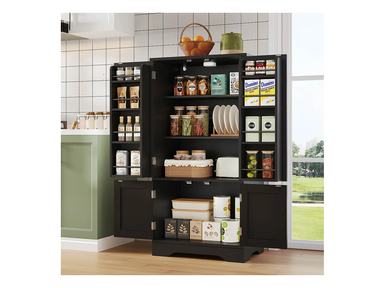 Buffet de cuisine 60x40x120cm - avec capteur de lumière LED - avec 4 portes - avec étagères - Noir