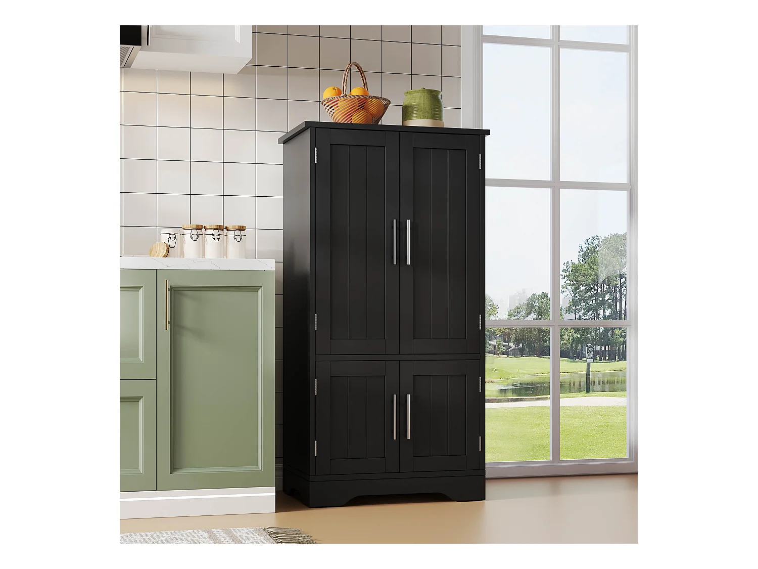 Buffet de cuisine 60x40x120cm - avec capteur de lumière LED - avec 4 portes - avec étagères - Noir