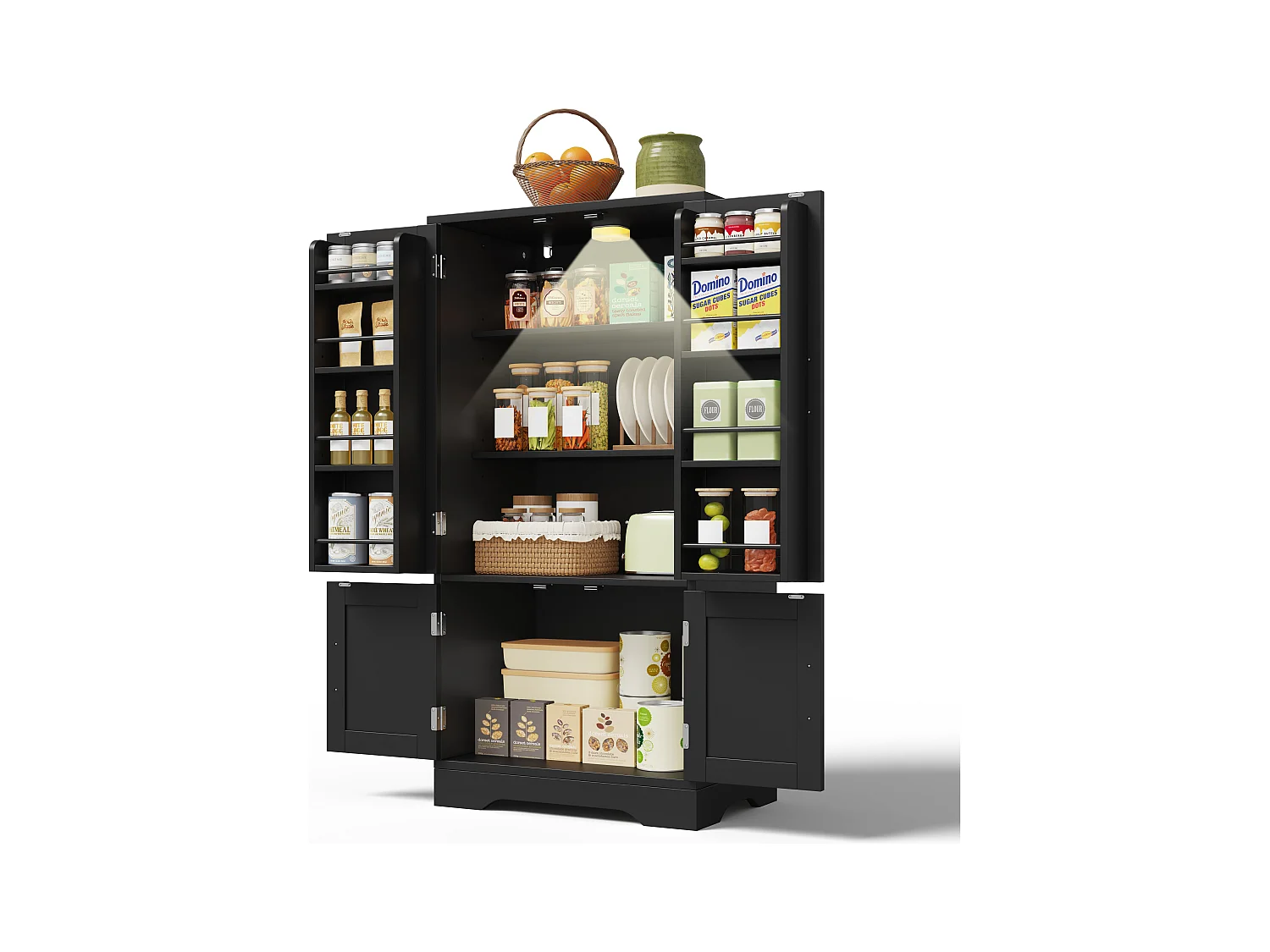 Buffet de cuisine 60x40x120cm - avec capteur de lumière LED - avec 4 portes - avec étagères - Noir