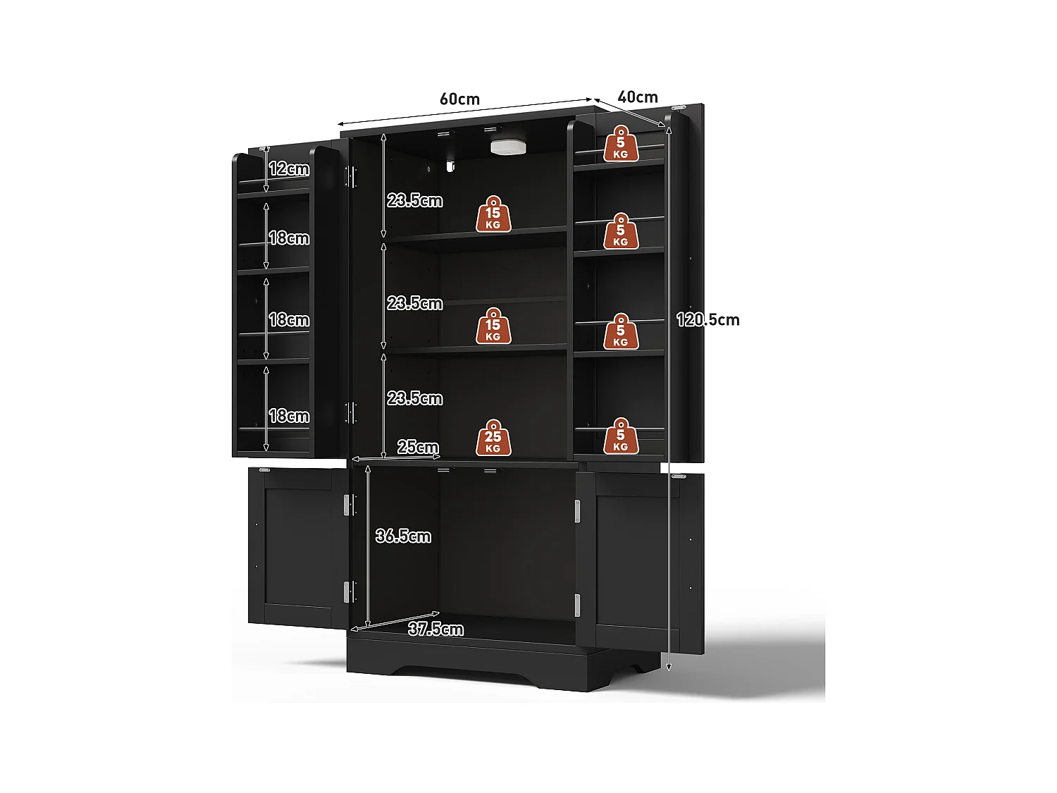 Buffet de cuisine 60x40x120cm - avec capteur de lumière LED - avec 4 portes - avec étagères - Noir