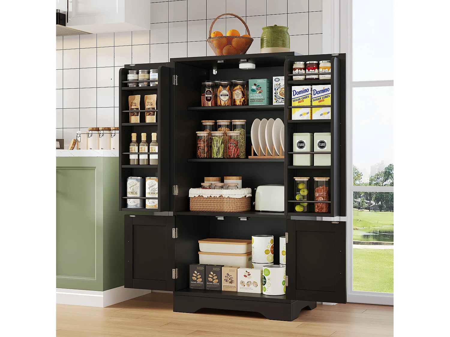 Buffet de cuisine 60x40x120cm - avec capteur de lumière LED - avec 4 portes - avec étagères - Noir