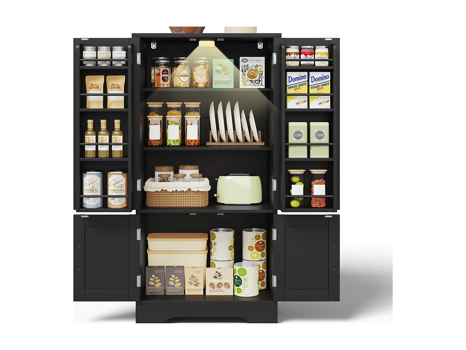 Buffet de cuisine 60x40x120cm - avec capteur de lumière LED - avec 4 portes - avec étagères - Noir