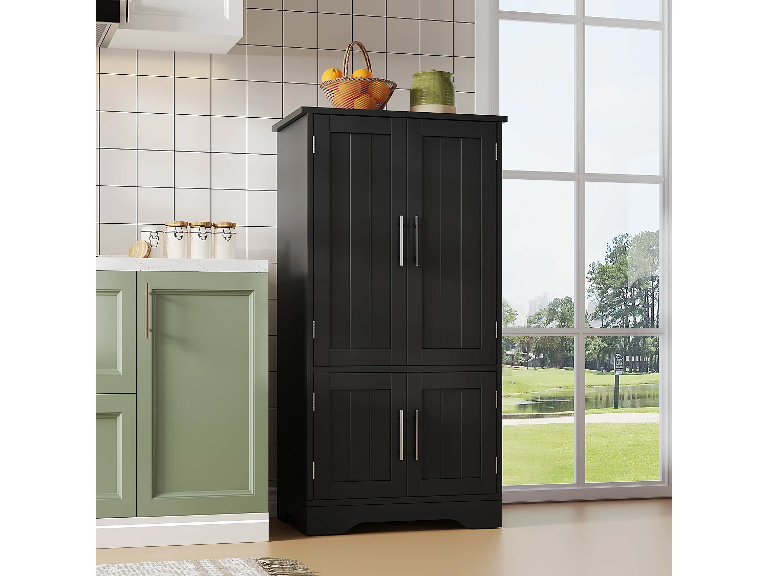 Buffet de cuisine 60x40x120cm - avec capteur de lumière LED - avec 4 portes - avec étagères - Noir