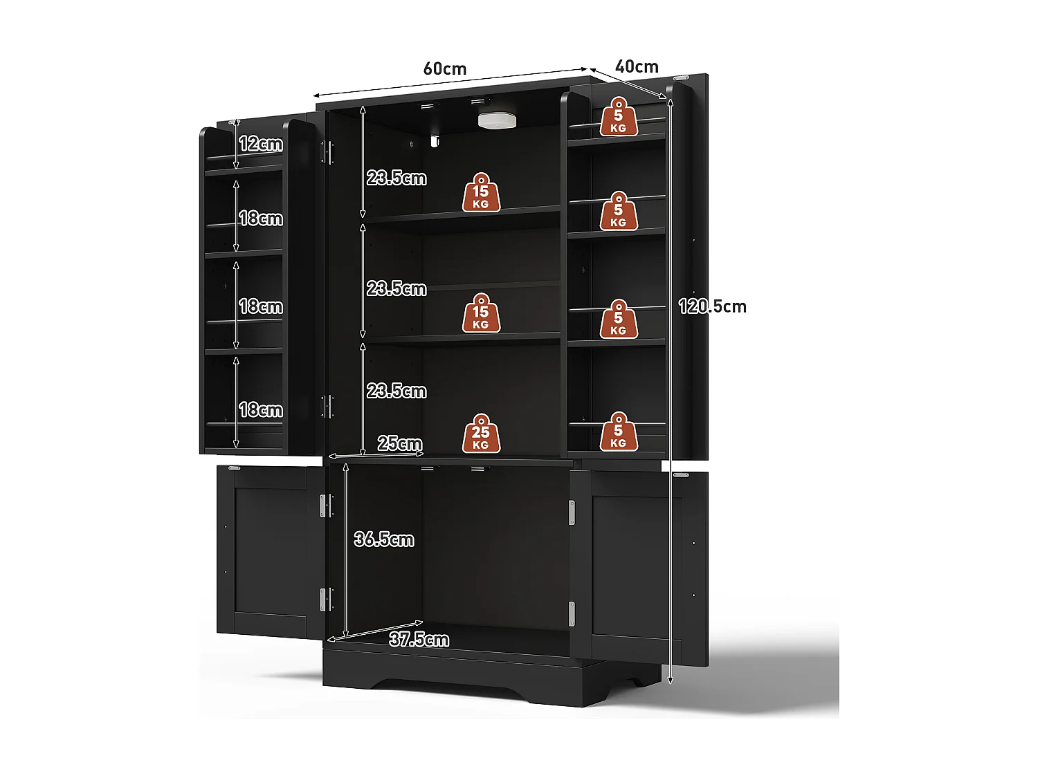 Buffet de cuisine 60x40x120cm - avec capteur de lumière LED - avec 4 portes - avec étagères - Noir