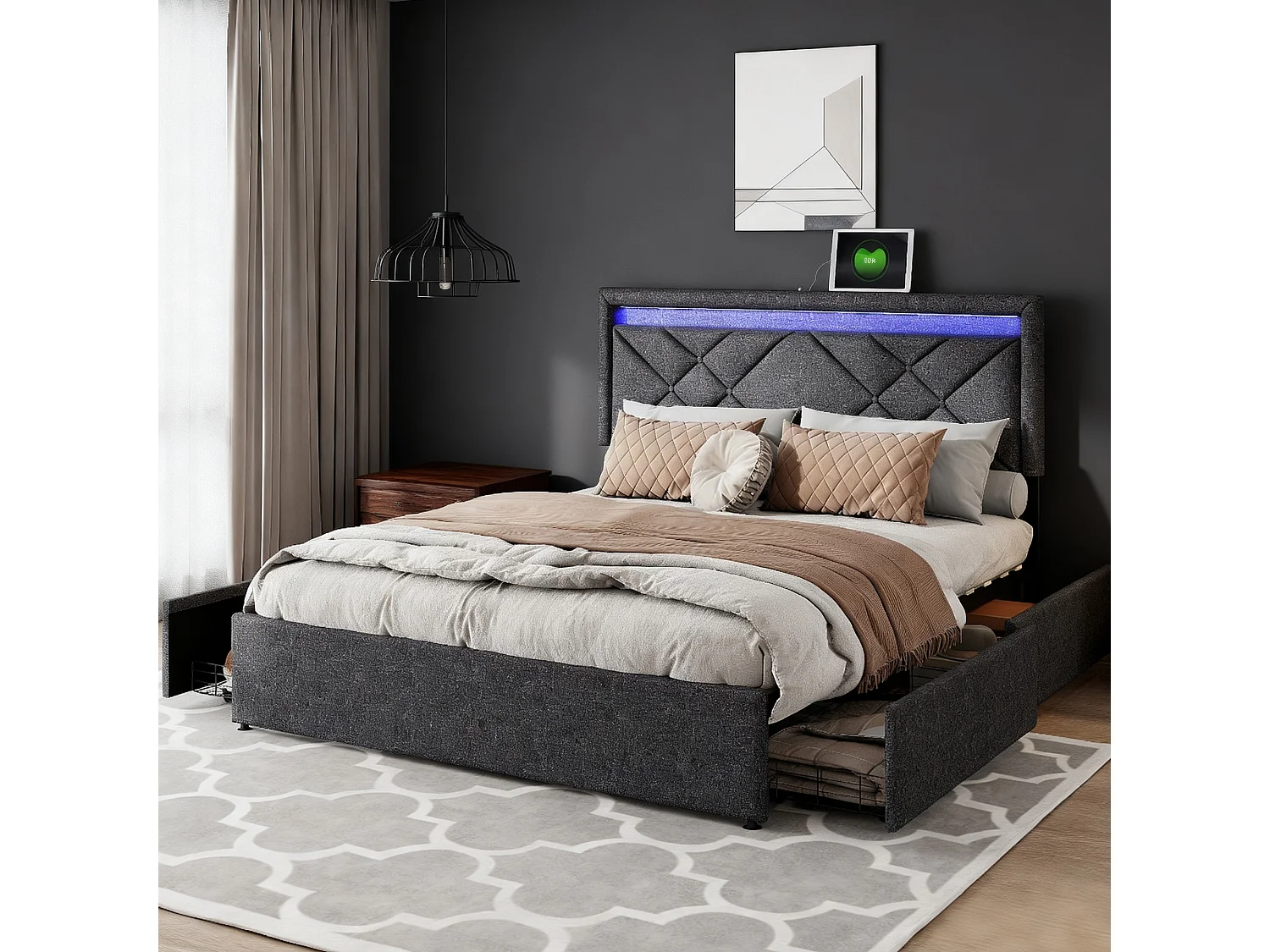 Lit 140x200 cm avec LED et USB - lit adulte 140x200 cm avec tiroirs rembourré - cadre de lit double 140x200 cm avec sommier à lattes - tissu en lin - gris