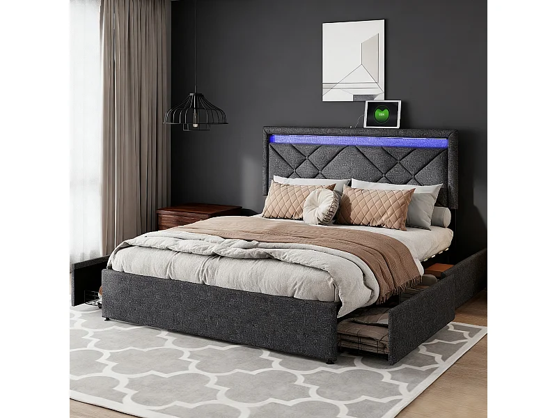 Lit 140x200 cm avec LED et USB - lit adulte 140x200 cm avec tiroirs rembourré - cadre de lit double 140x200 cm avec sommier à lattes - tissu en lin - gris