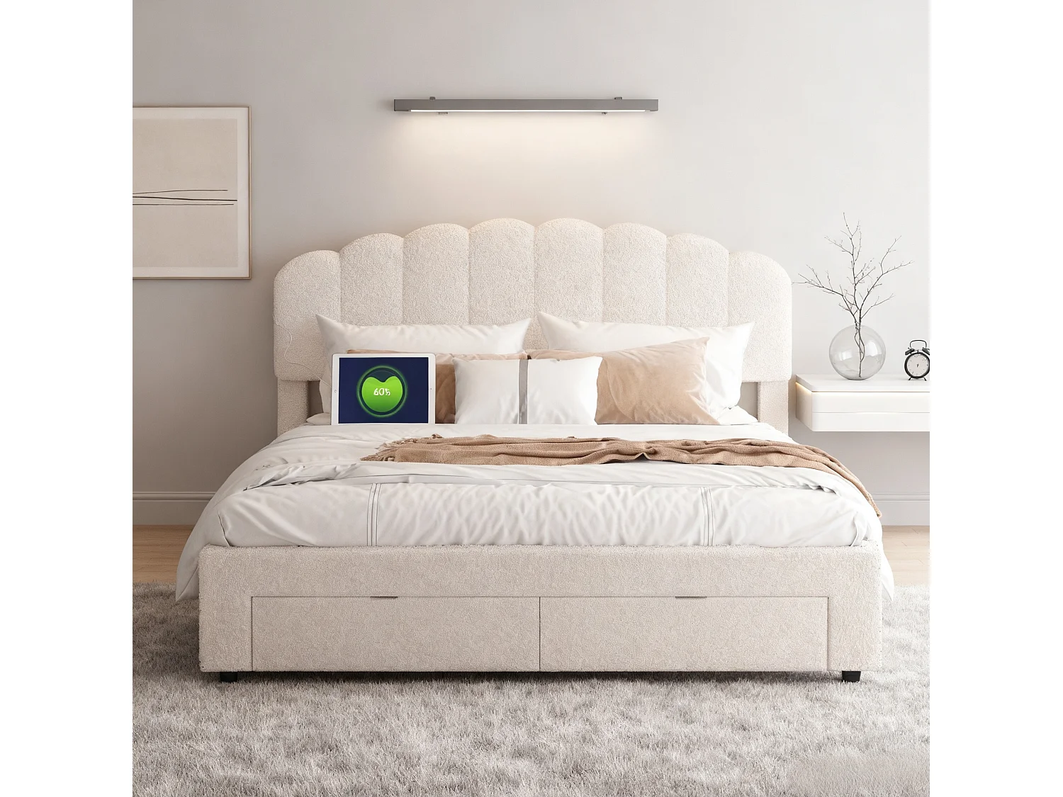Lit adulte 160x200 cm avec tiroir rembourré - lit double 160x200 cm avec sommier à lattes - USB Intégrés - style crème  - tissu en velours - beige