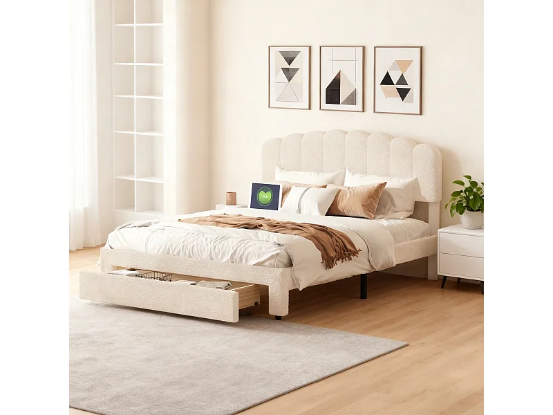 Lit adulte 160x200 cm avec tiroir rembourré - lit double 160x200 cm avec sommier à lattes - USB Intégrés - style crème  - tissu en velours - beige
