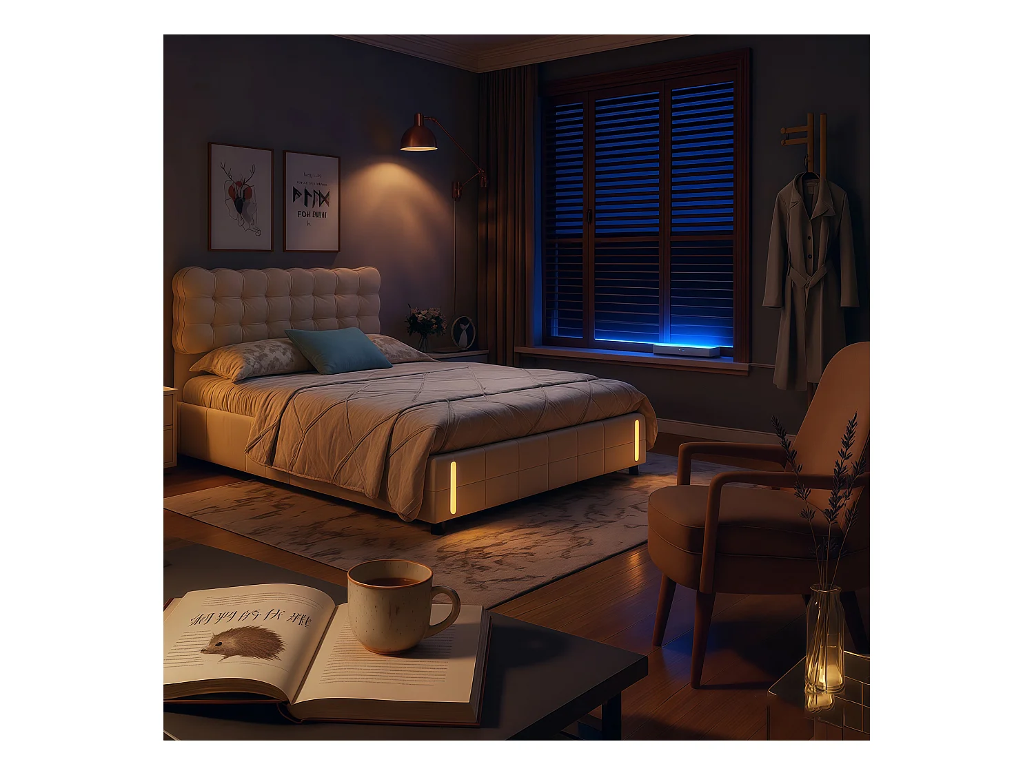 Lit coffre 140x190 avec sommier à lattes, lit 140x190 avec LED à détection de mouvement, cadre de lit adulte 140x190, tissu en velours, beige