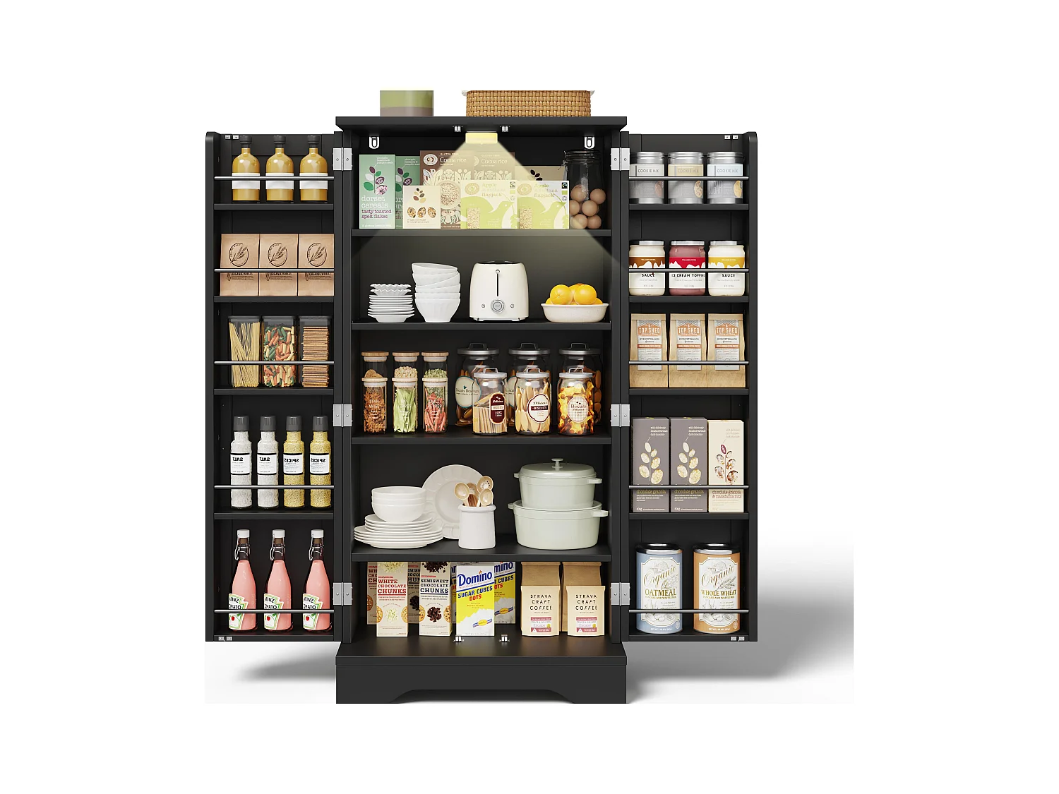 Buffet de cuisine 60x40x120cm - avec capteur de lumière LED - avec 2 portes - avec étagères - Noir