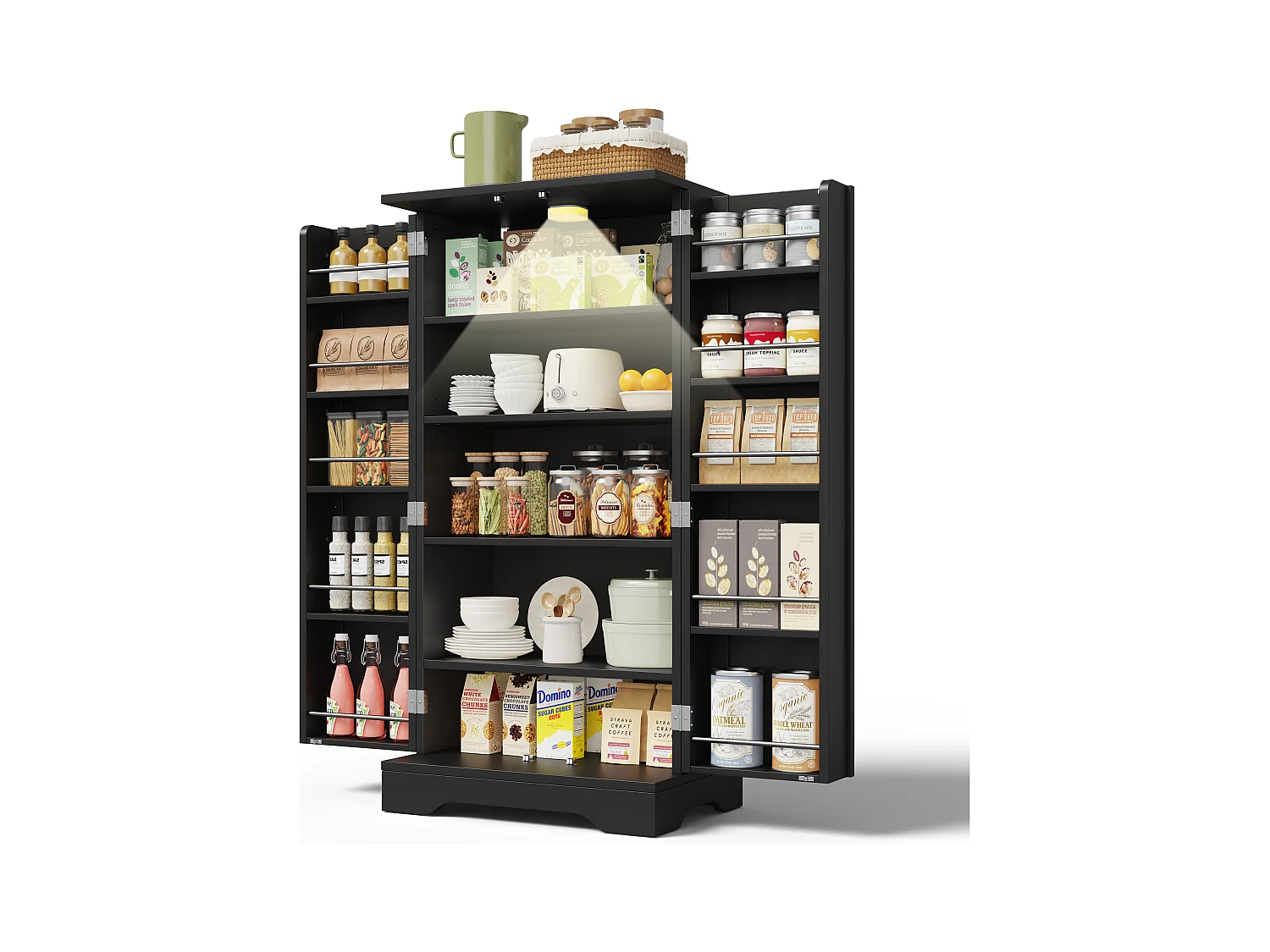 Buffet de cuisine 60x40x120cm - avec capteur de lumière LED - avec 2 portes - avec étagères - Noir