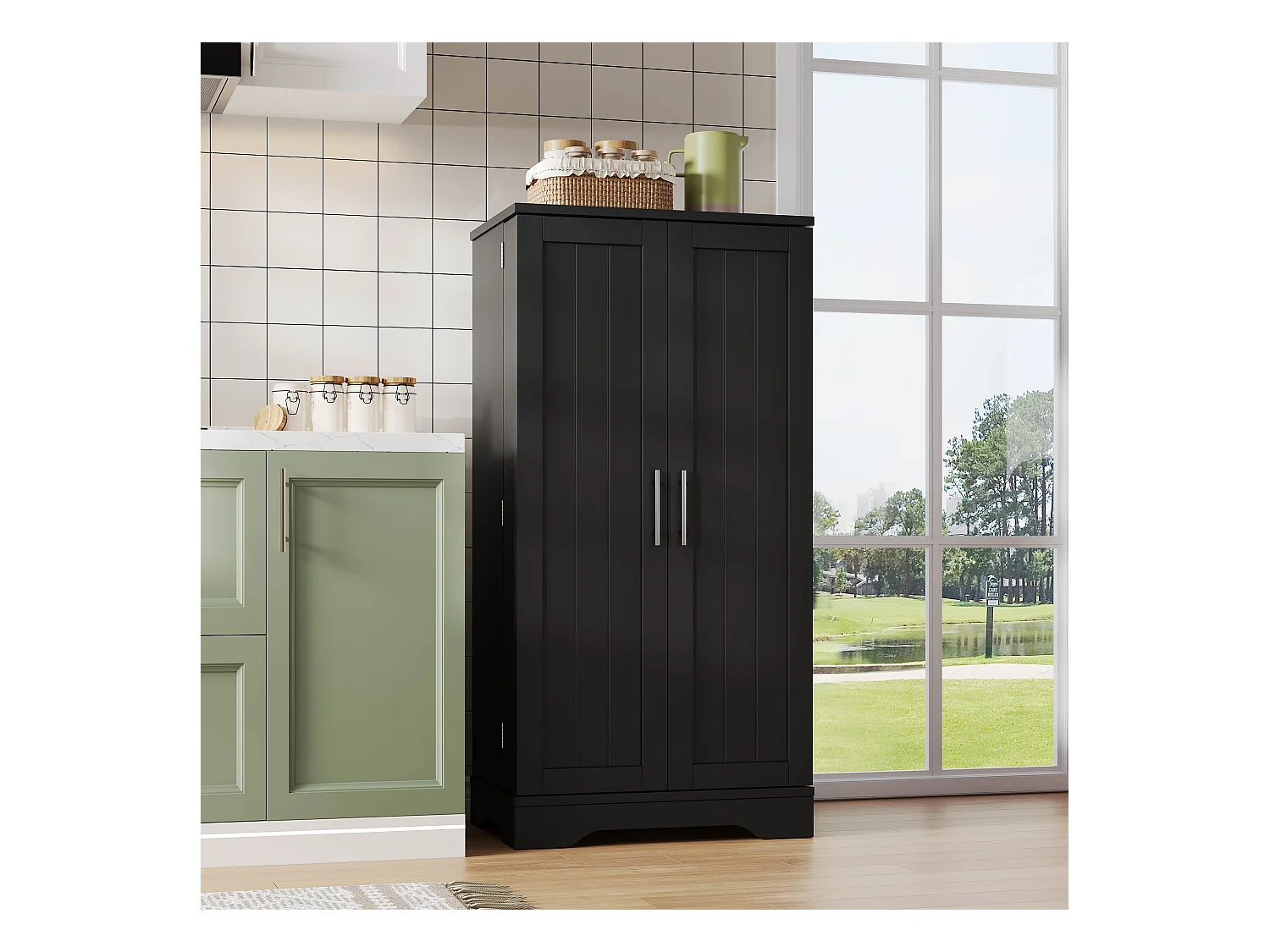 Buffet de cuisine 60x40x120cm - avec capteur de lumière LED - avec 2 portes - avec étagères - Noir