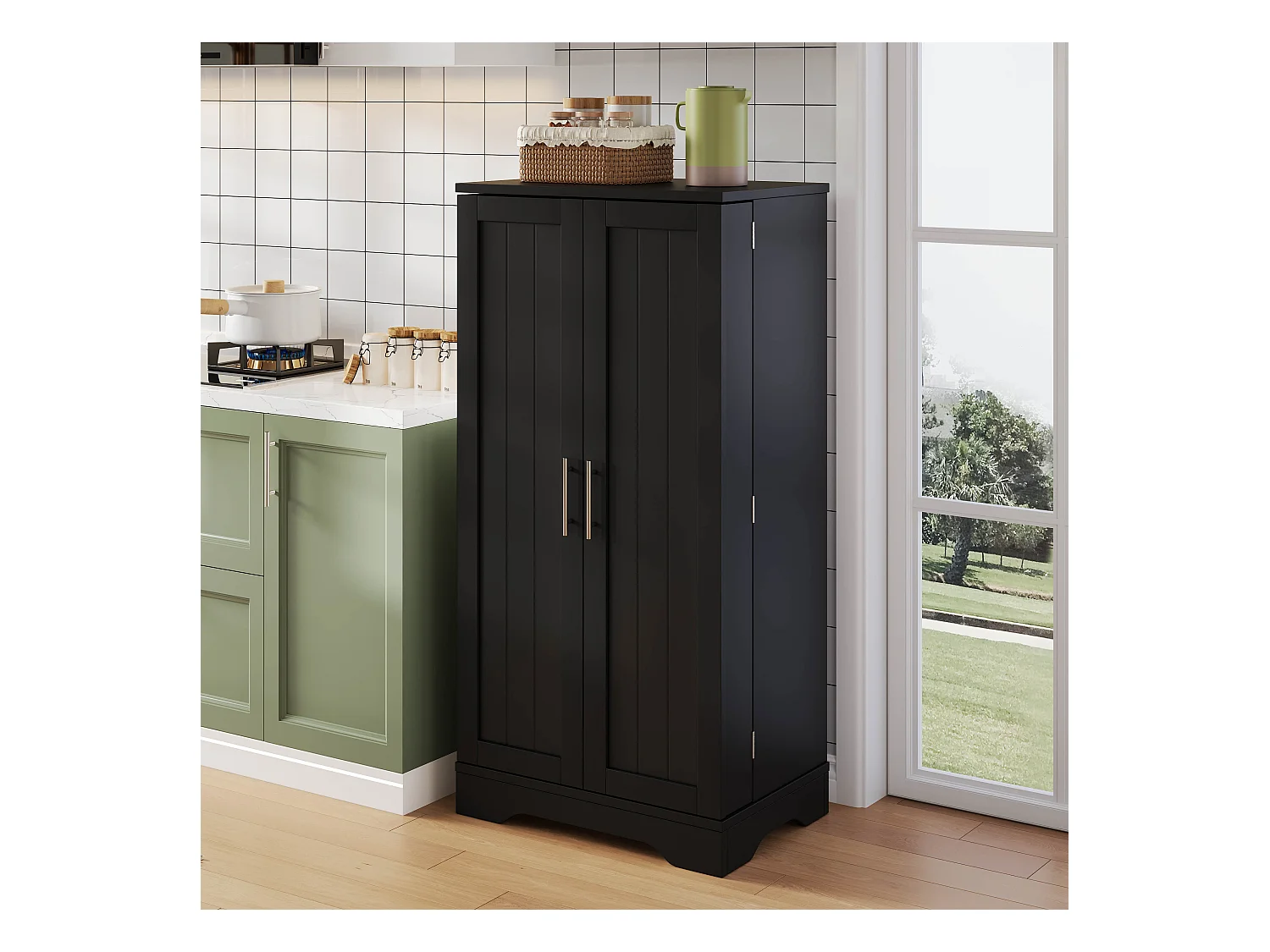 Buffet de cuisine 60x40x120cm - avec capteur de lumière LED - avec 2 portes - avec étagères - Noir