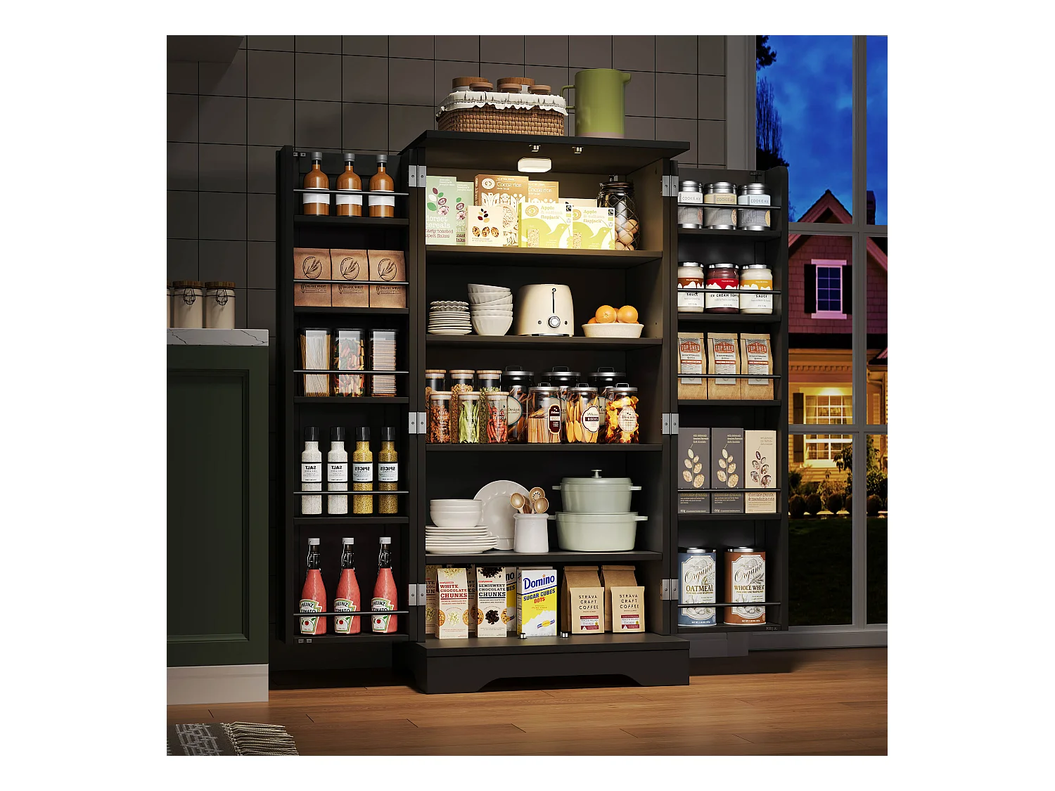 Buffet de cuisine 60x40x120cm - avec capteur de lumière LED - avec 2 portes - avec étagères - Noir