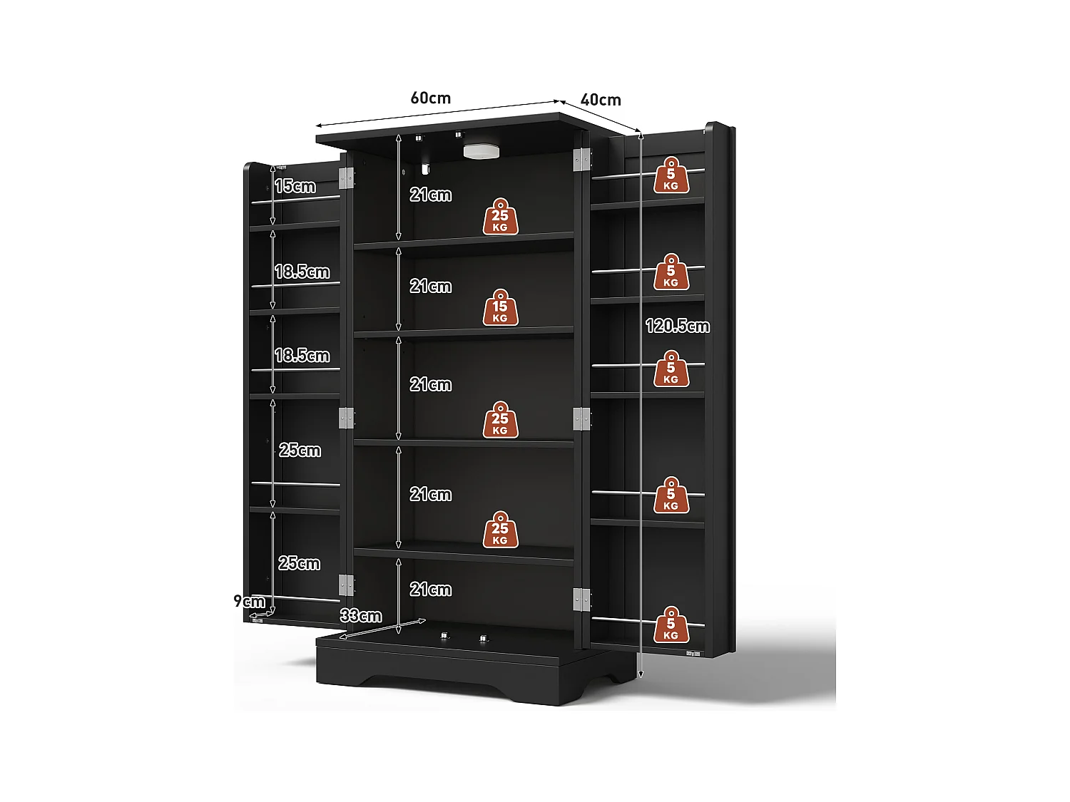 Buffet de cuisine 60x40x120cm - avec capteur de lumière LED - avec 2 portes - avec étagères - Noir