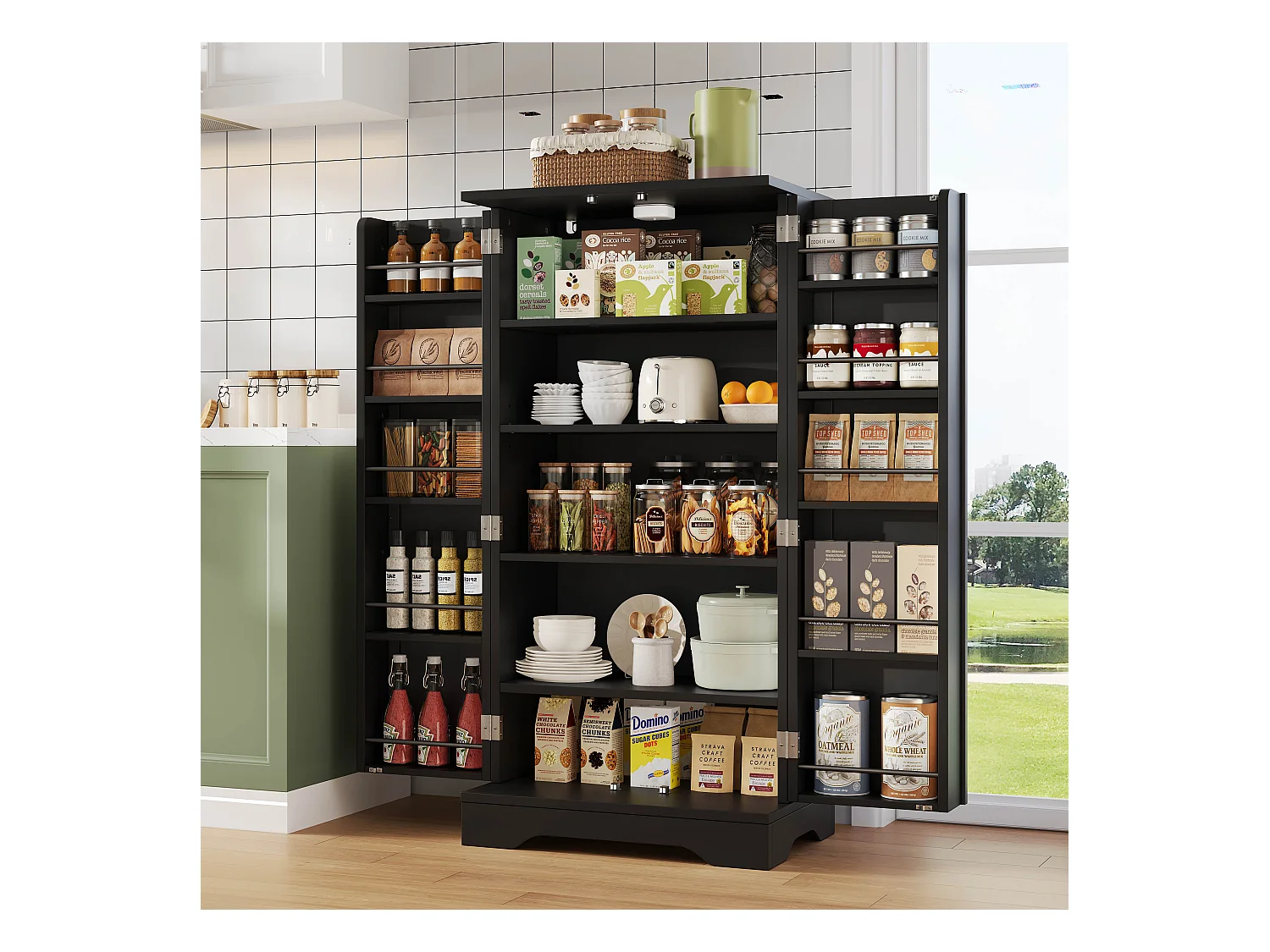 Buffet de cuisine 60x40x120cm - avec capteur de lumière LED - avec 2 portes - avec étagères - Noir