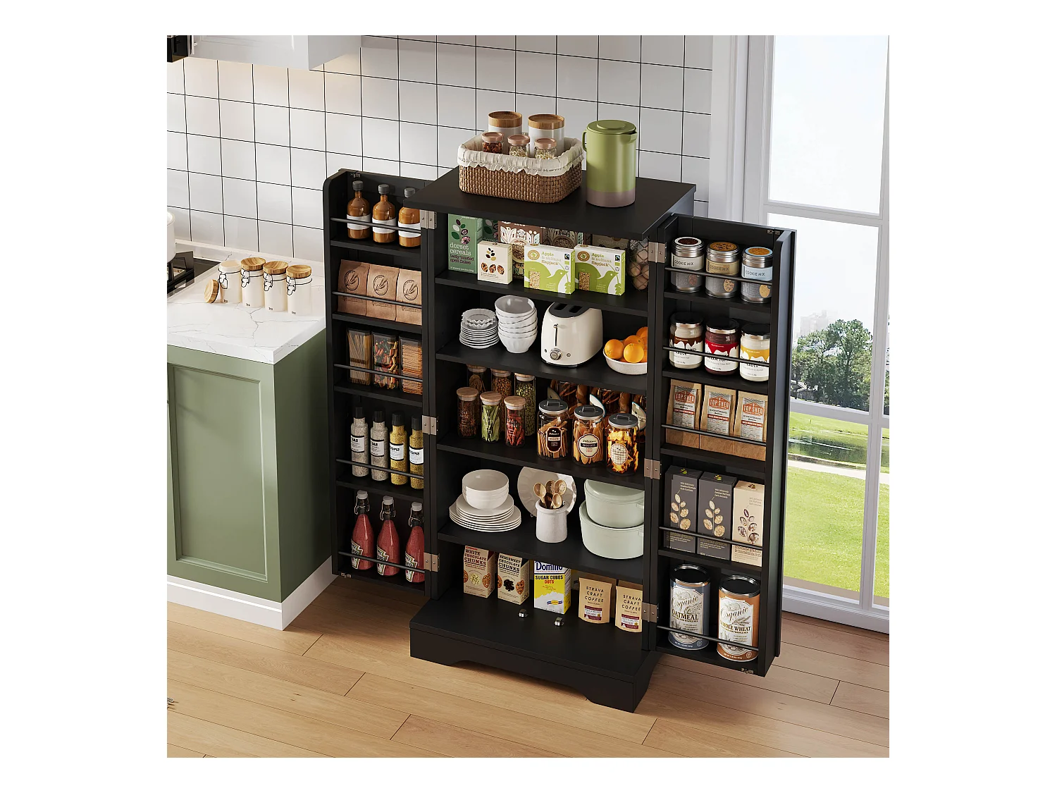 Buffet de cuisine 60x40x120cm - avec capteur de lumière LED - avec 2 portes - avec étagères - Noir