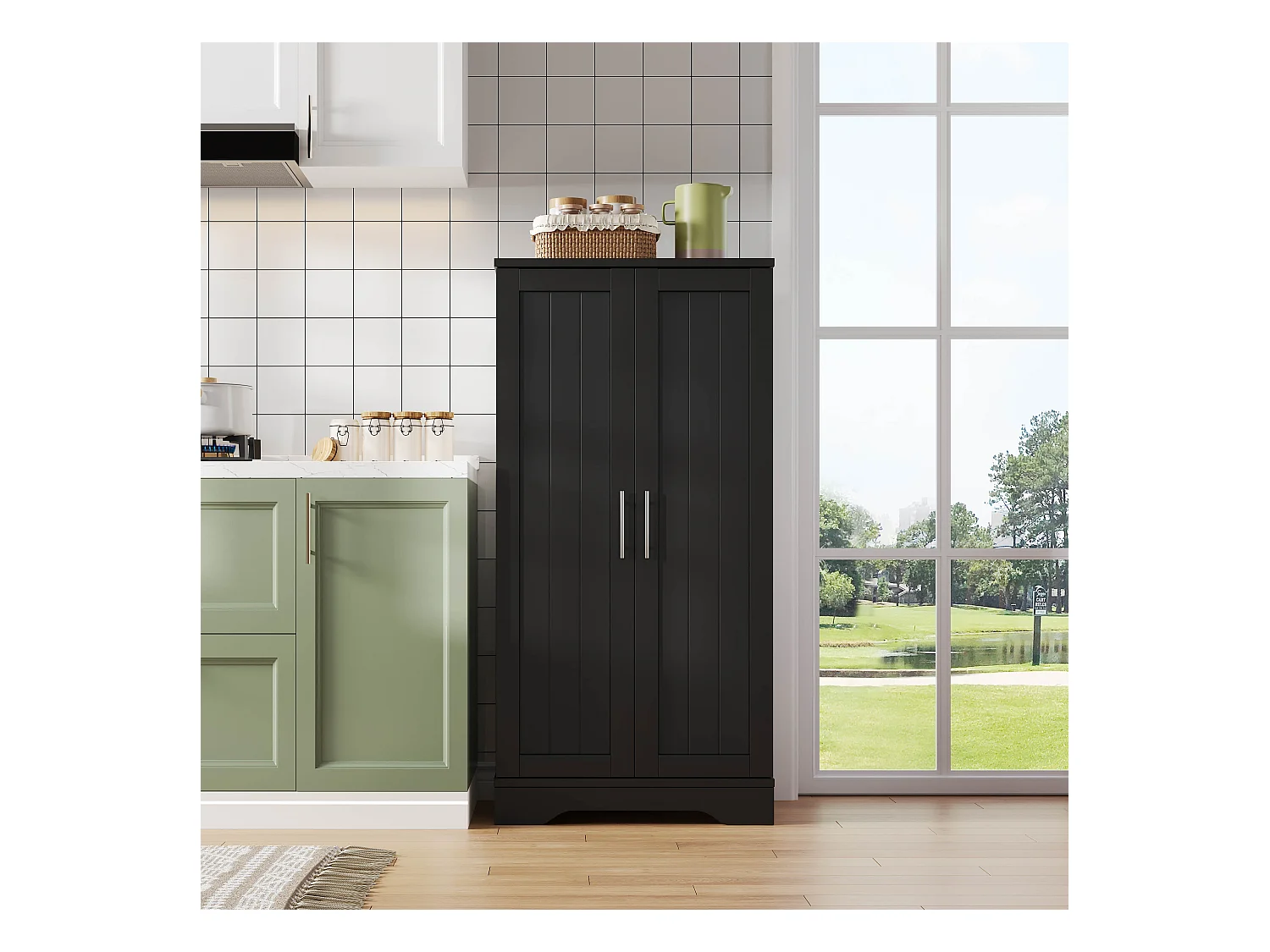 Buffet de cuisine 60x40x120cm - avec capteur de lumière LED - avec 2 portes - avec étagères - Noir